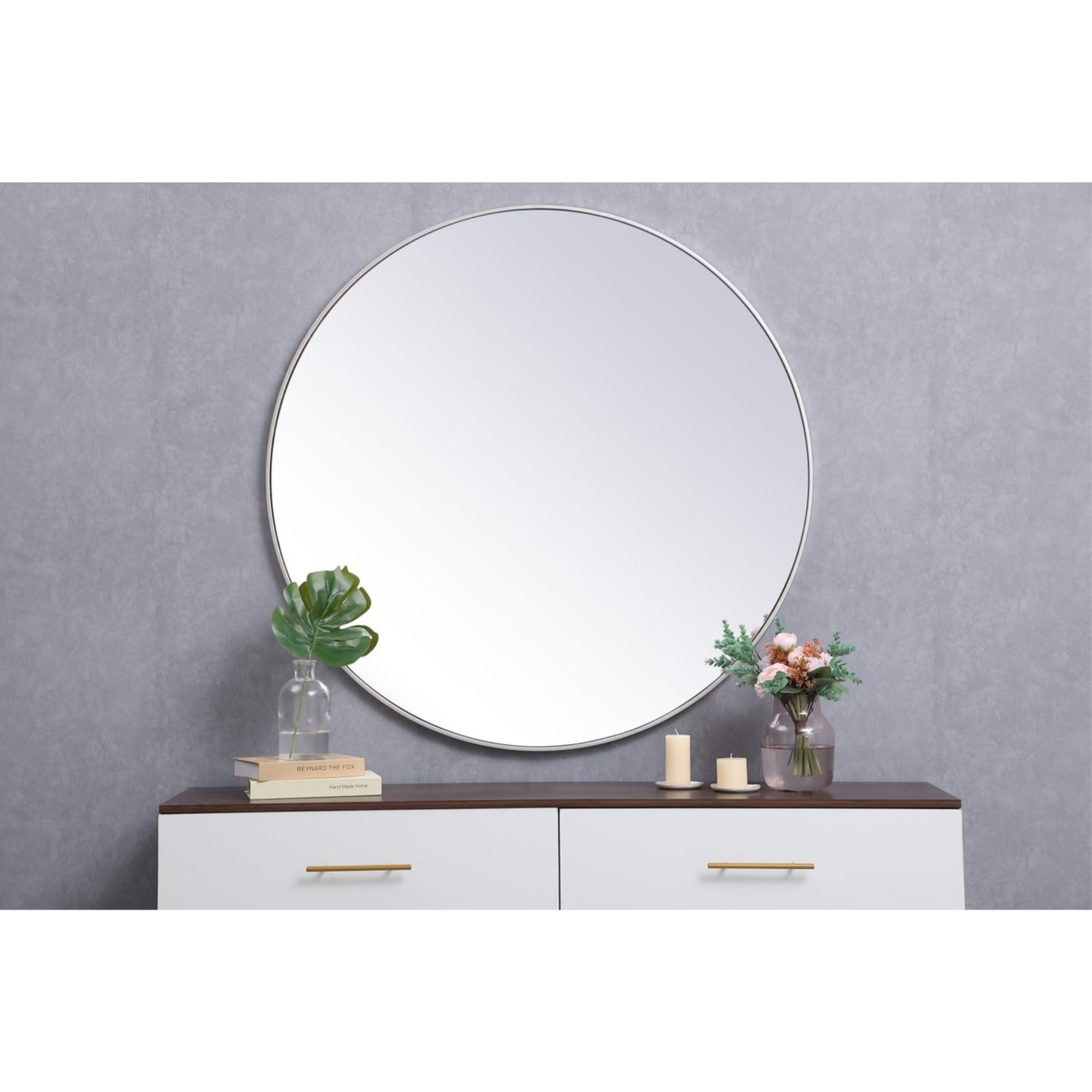 Metal frame round mirror 45 inch in Silver