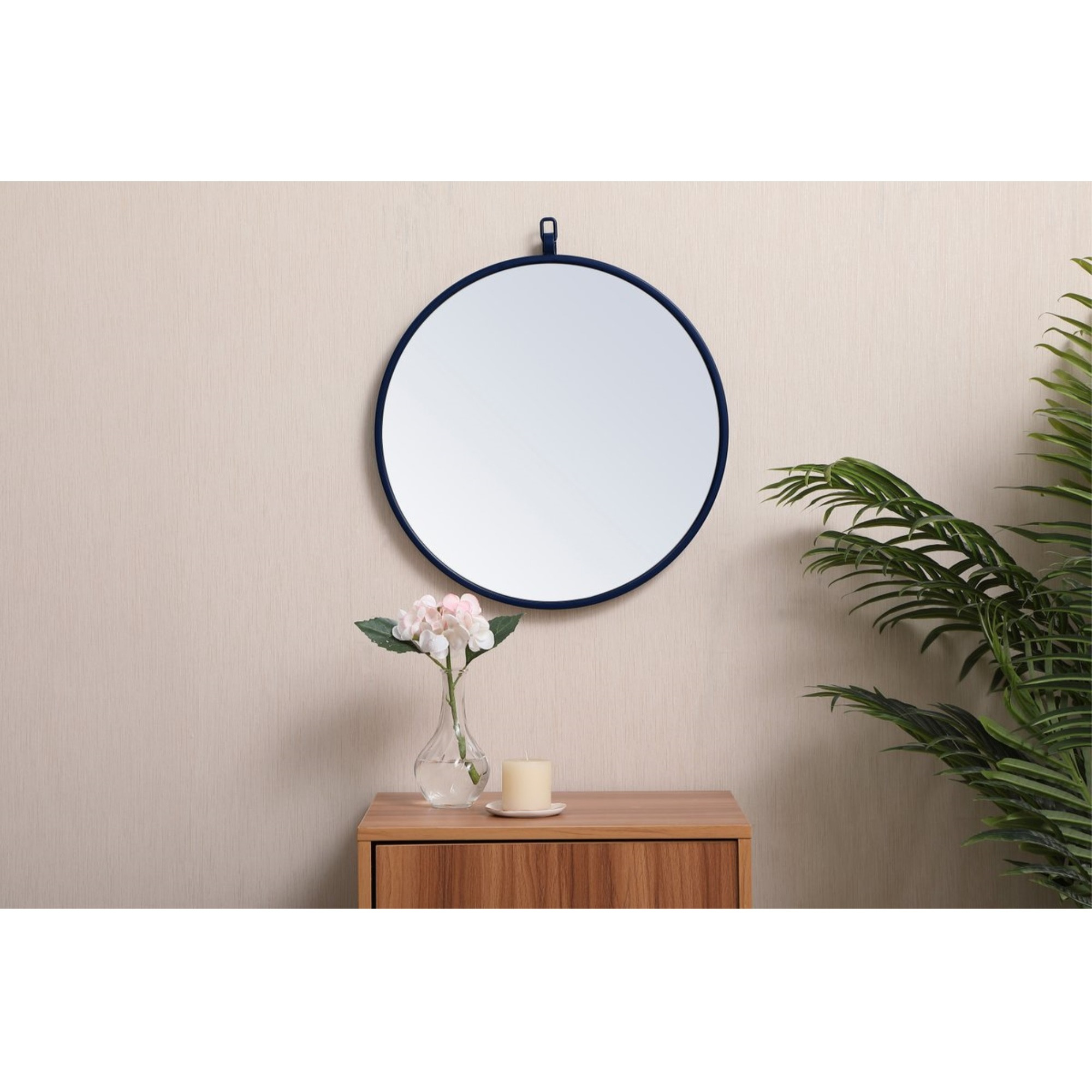 Metal frame round mirror with decorative hook 18 inch in Blue