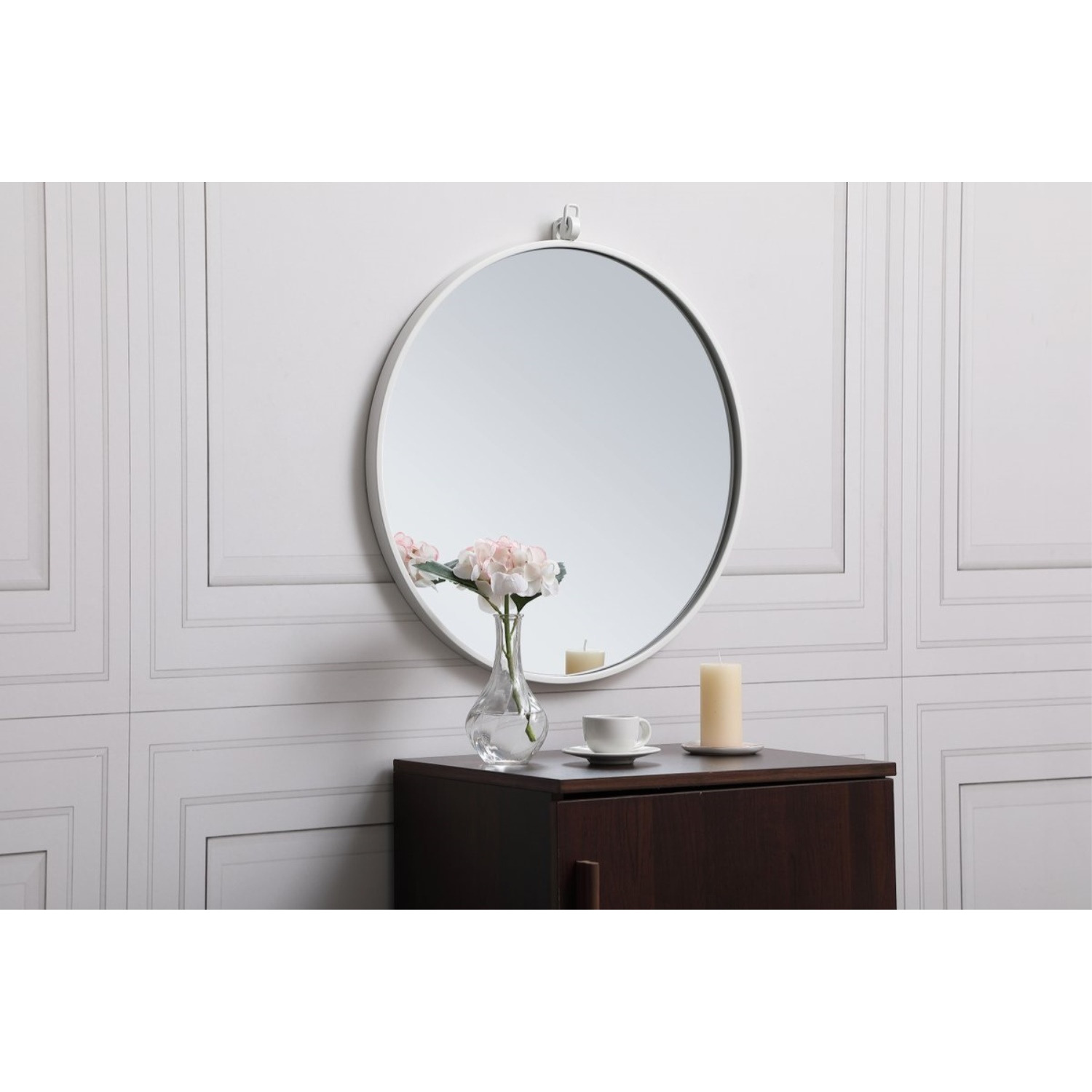 Metal frame round mirror with decorative hook 21 inch in White
