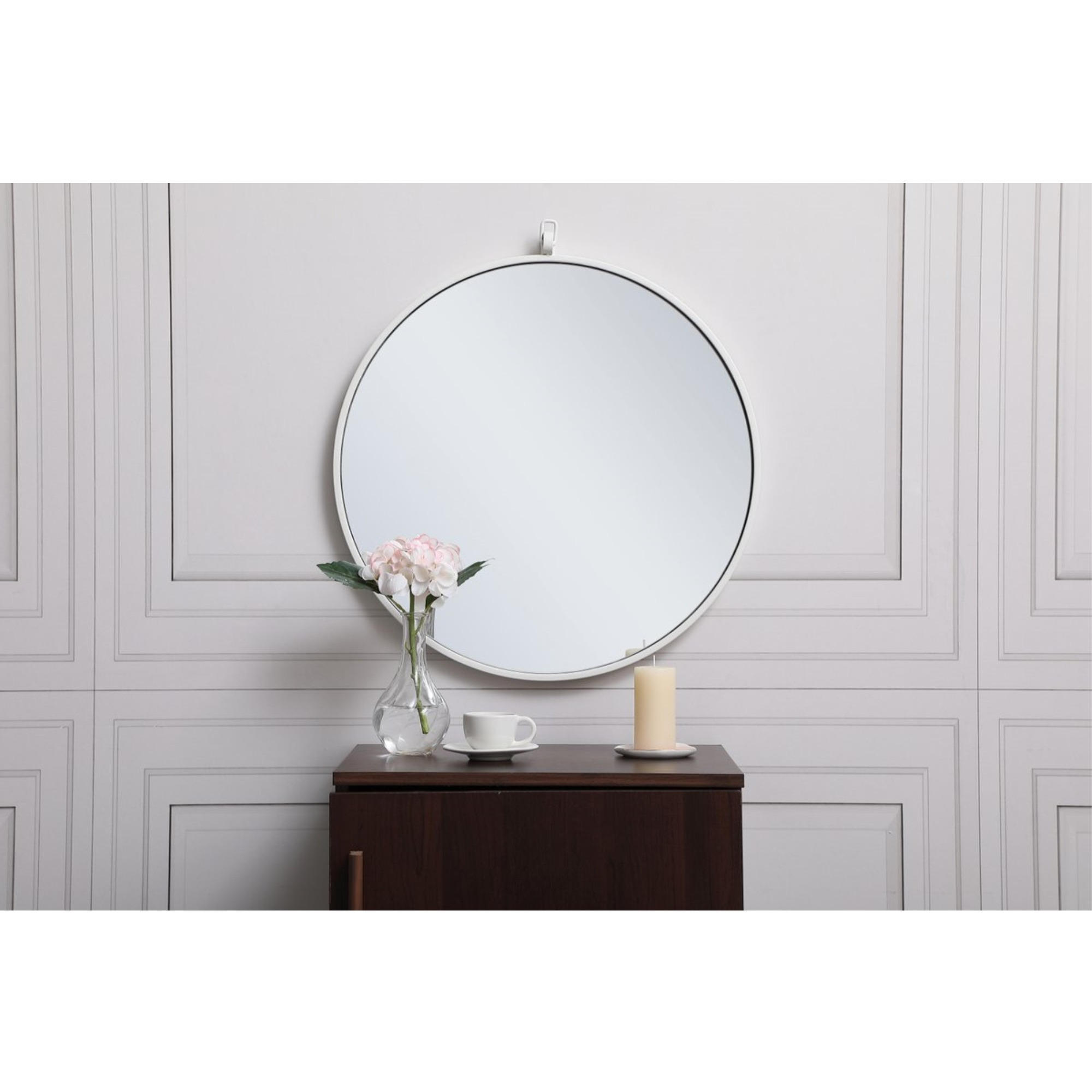 Metal frame round mirror with decorative hook 21 inch in White
