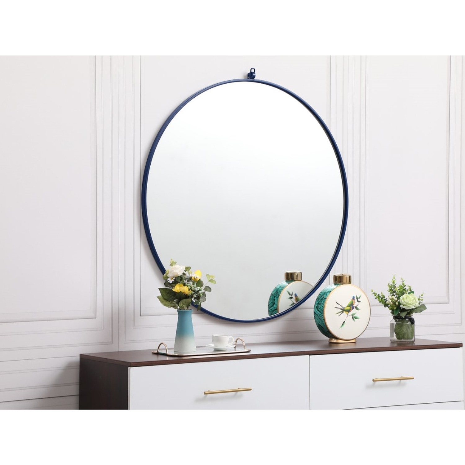 Metal frame round mirror with decorative hook 39 inch in Blue