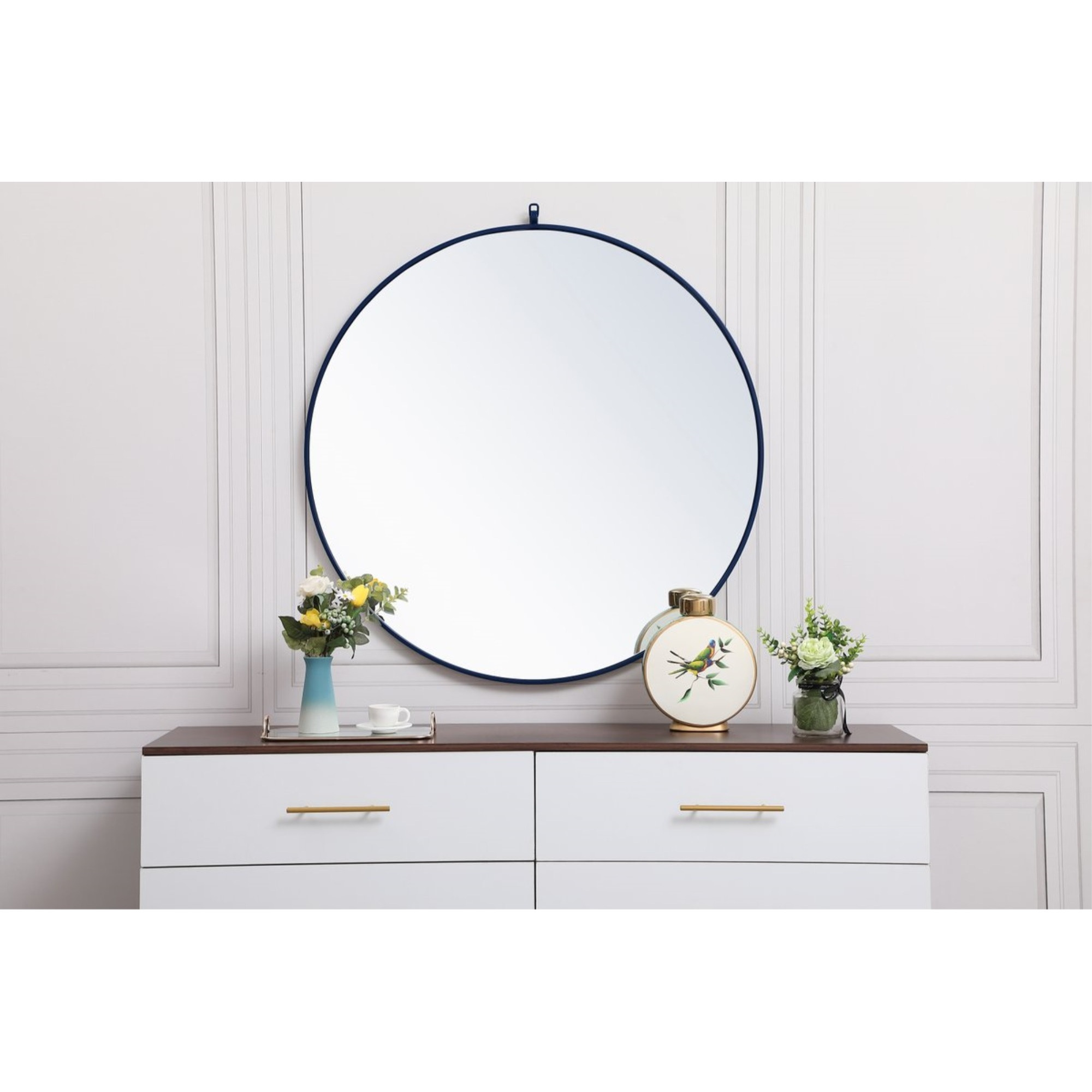 Metal frame round mirror with decorative hook 39 inch in Blue