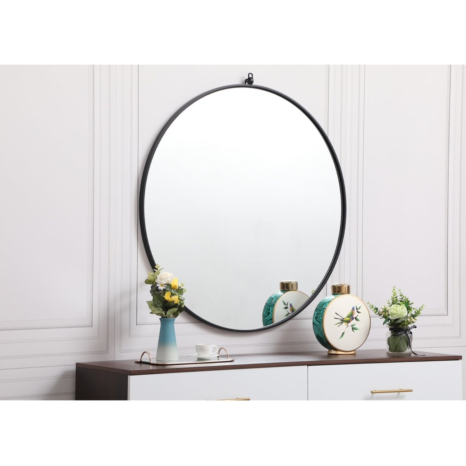 Metal frame round mirror with decorative hook 39 inch in Black