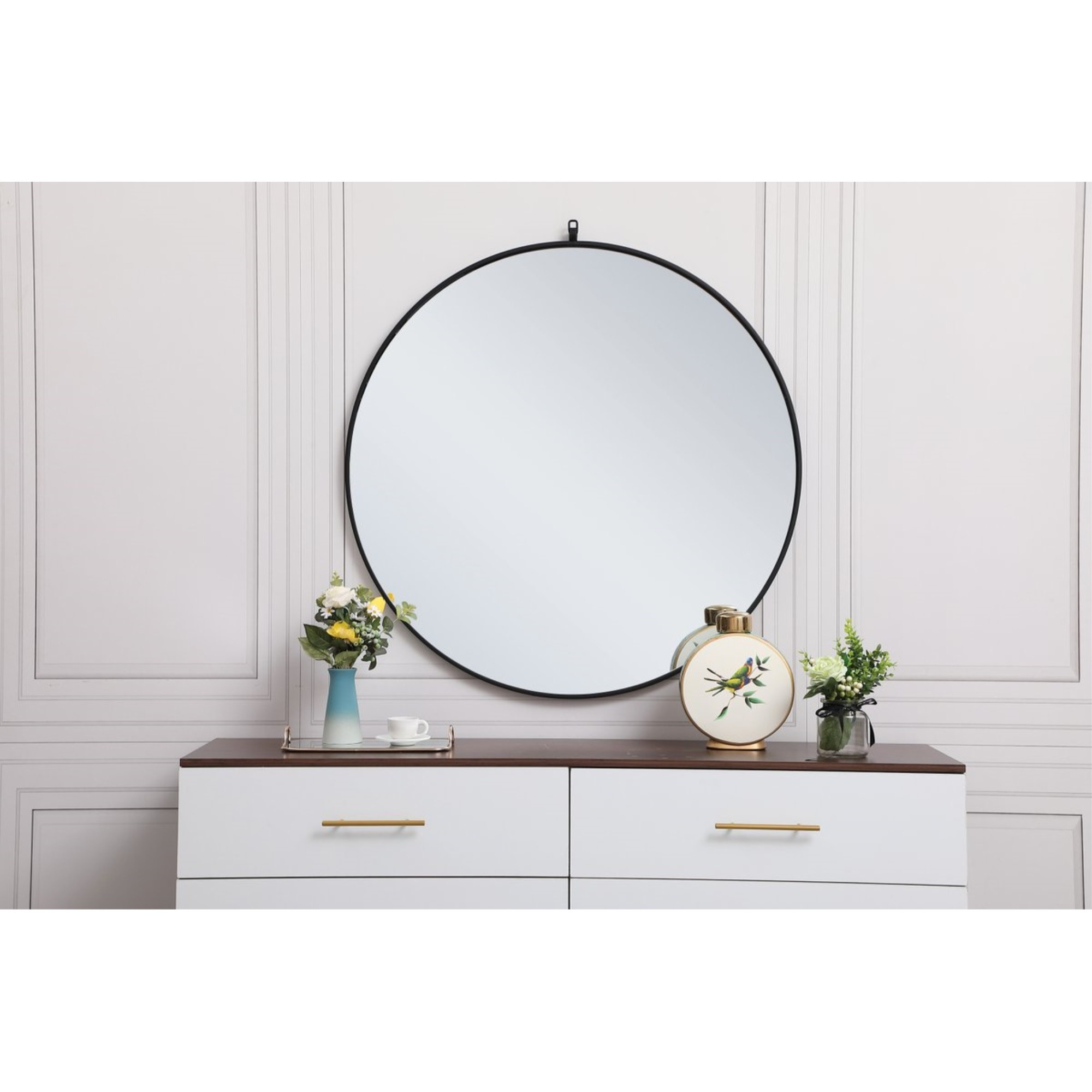 Metal frame round mirror with decorative hook 39 inch in Black