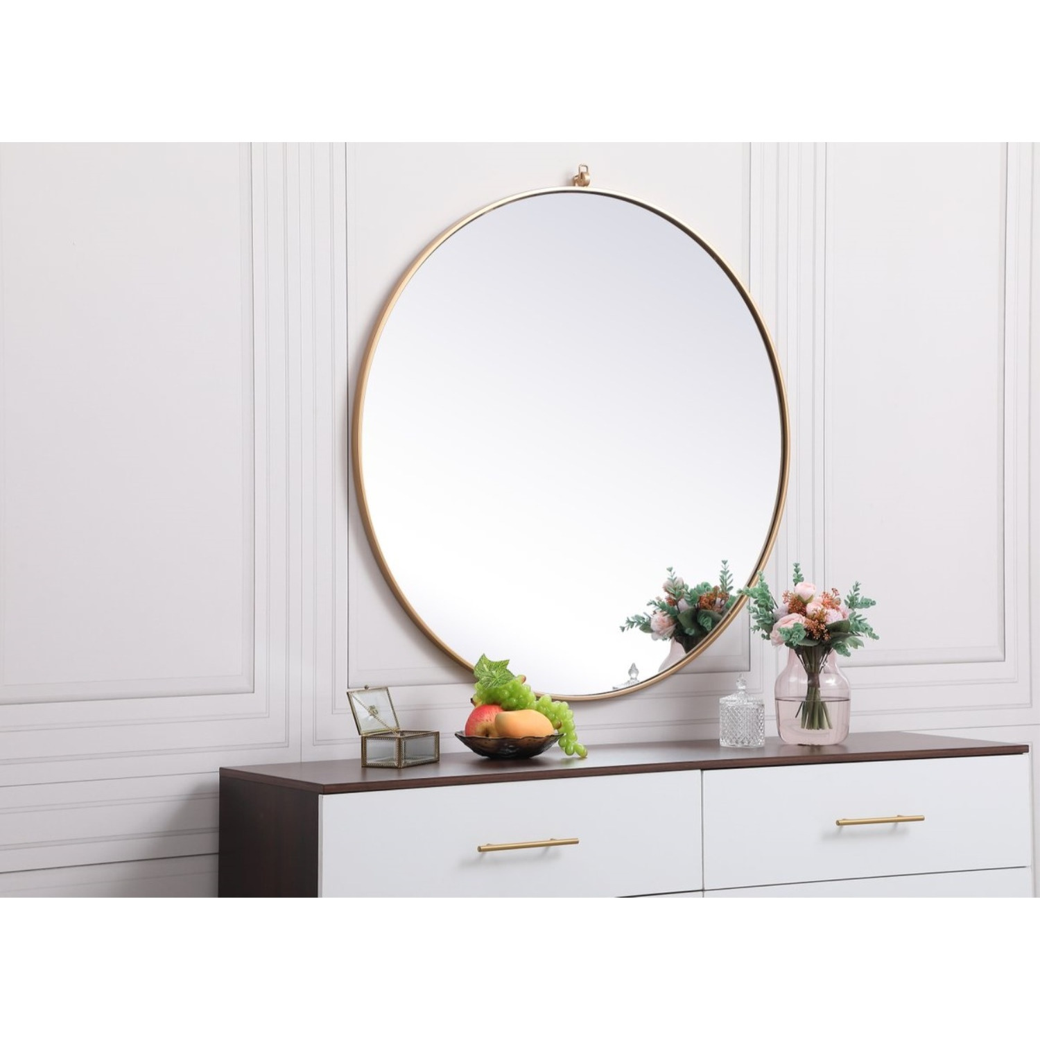 Metal frame round mirror with decorative hook 39 inch in Brass