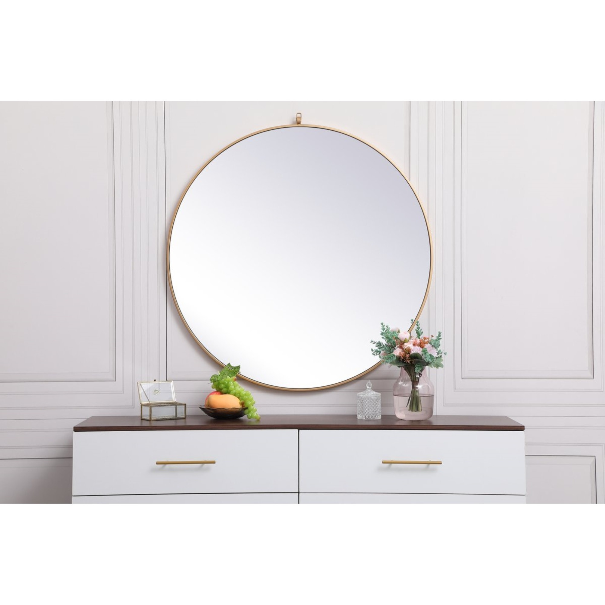 Metal frame round mirror with decorative hook 39 inch in Brass