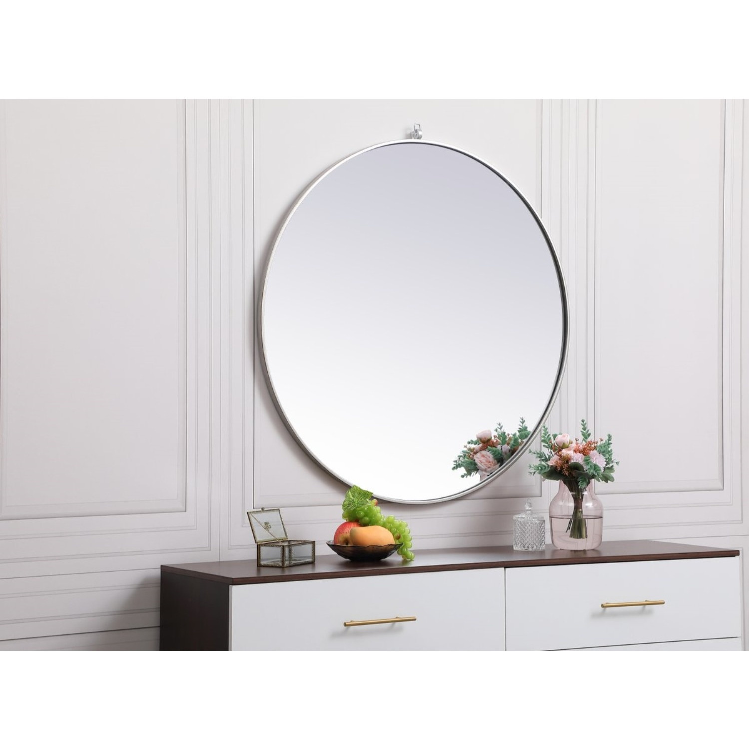 Metal frame round mirror with decorative hook 39 inch in Silver