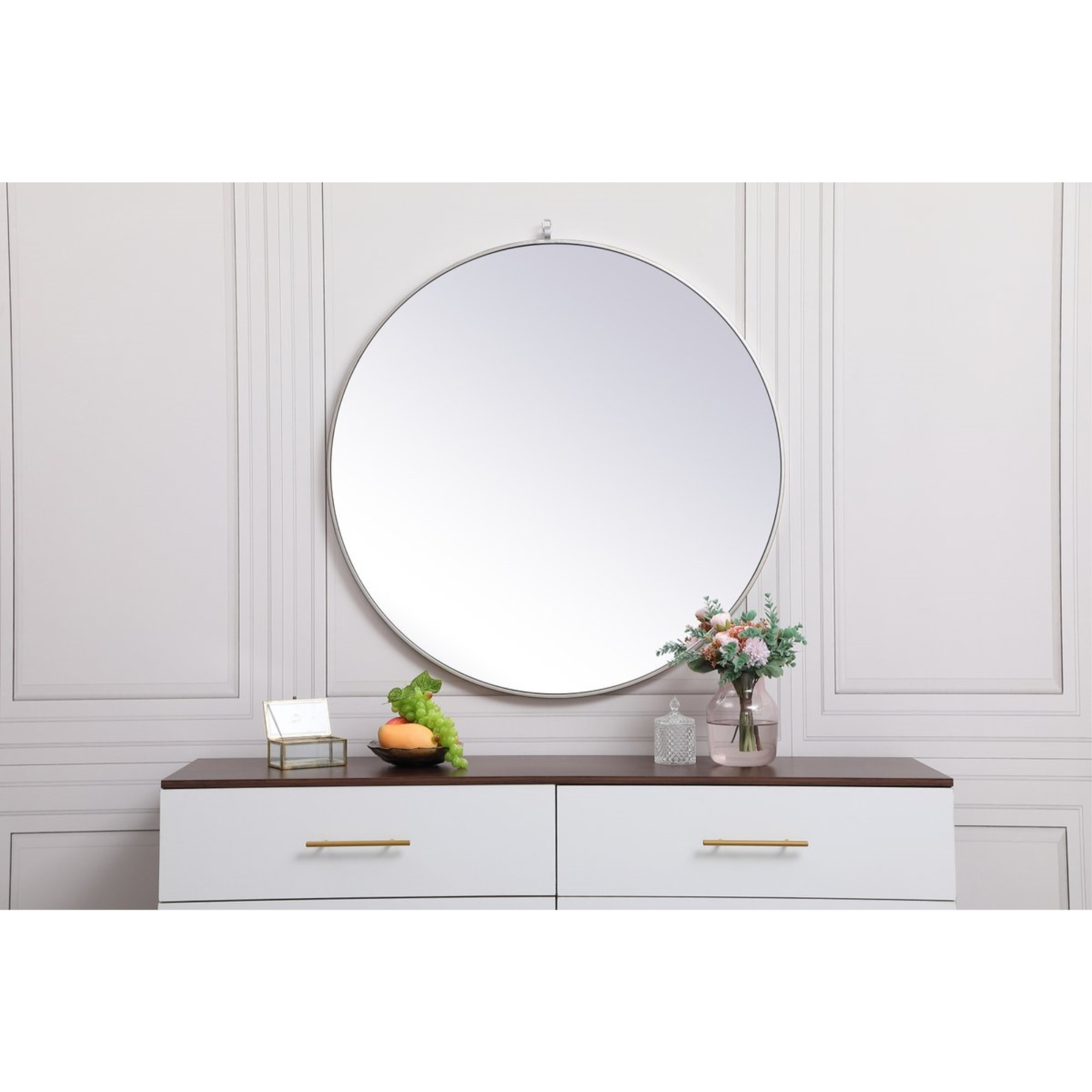 Metal frame round mirror with decorative hook 39 inch in Silver