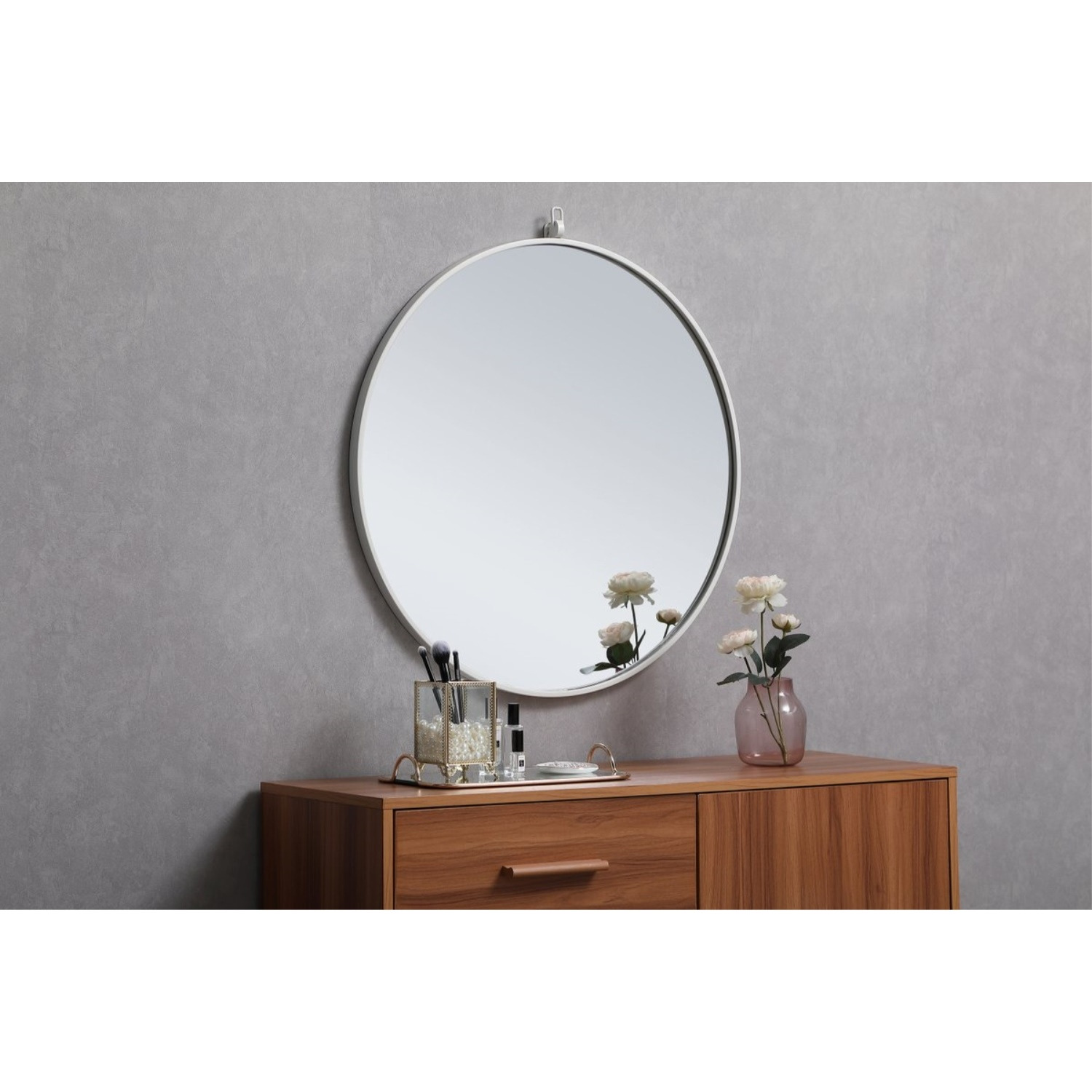 Metal frame round mirror with decorative hook 28 inch in White