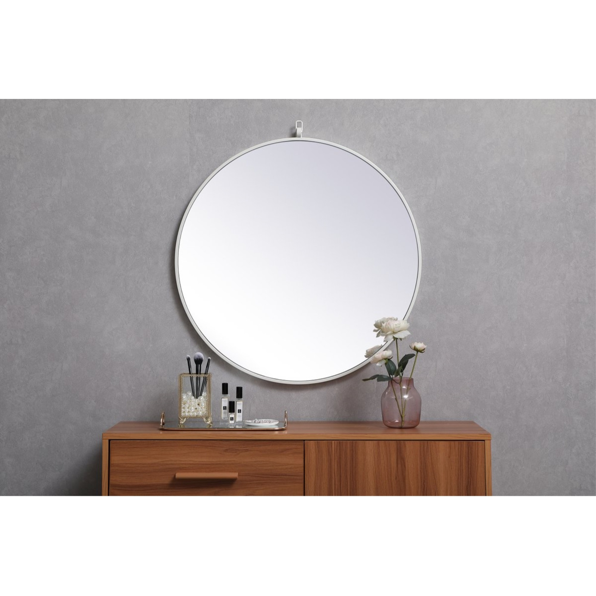 Metal frame round mirror with decorative hook 28 inch in White