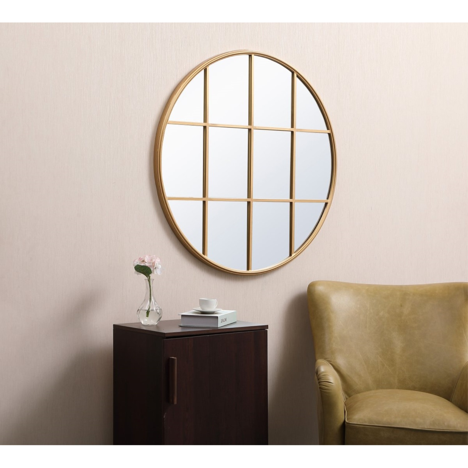 Metal windowpane mirror 36 inch in x 36 inch in Brass