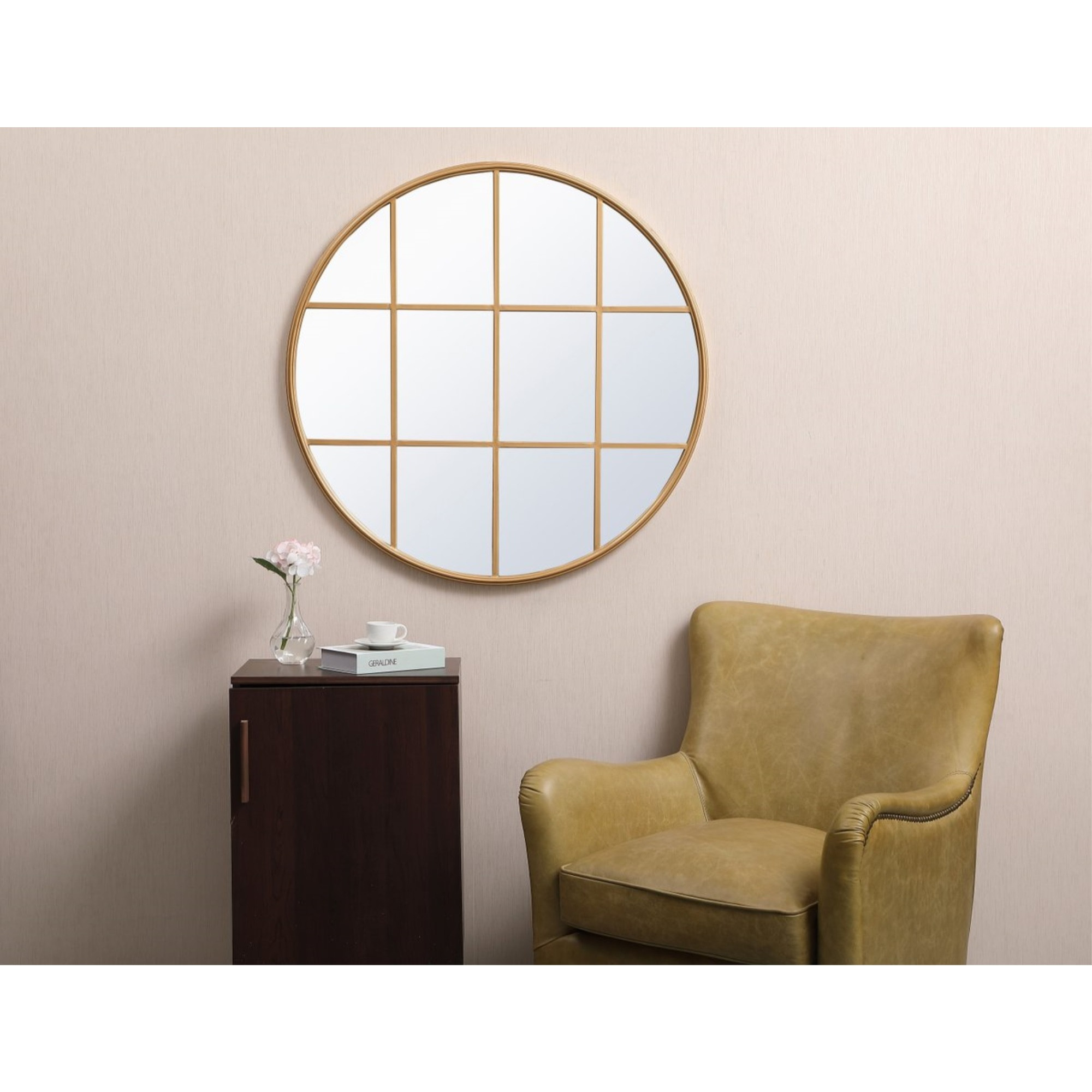 Metal windowpane mirror 36 inch in x 36 inch in Brass