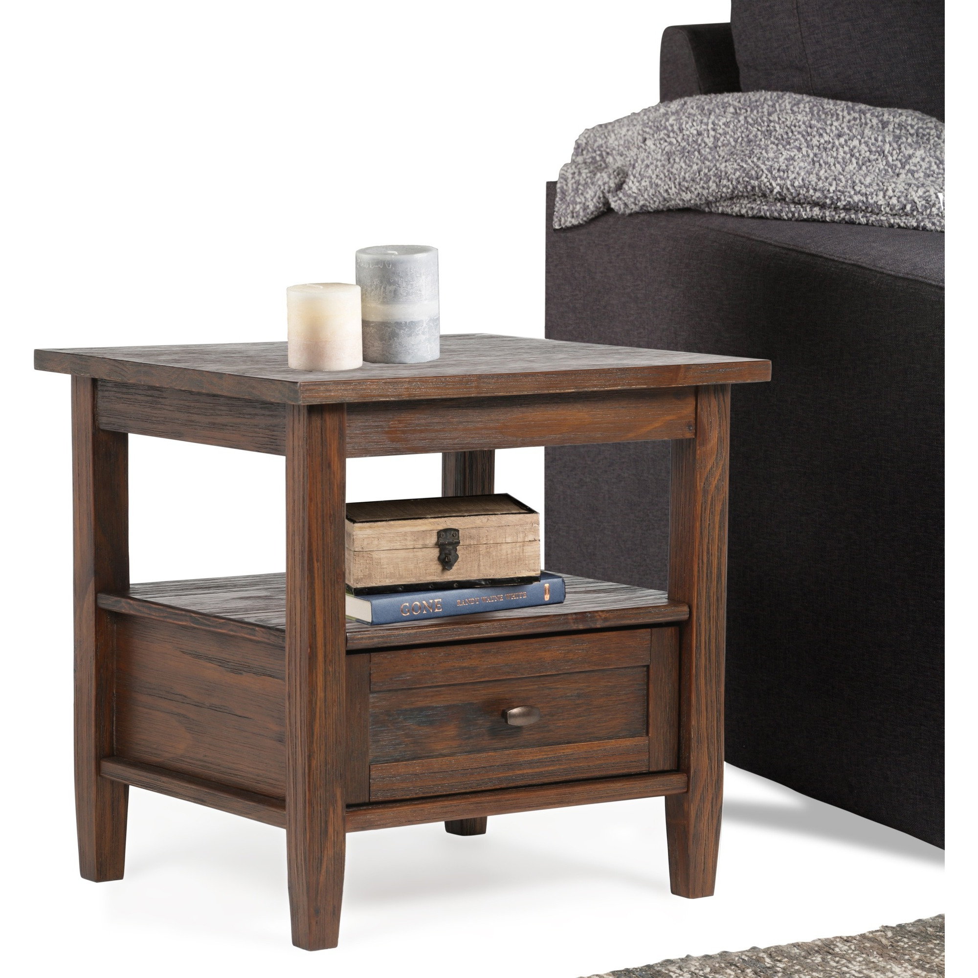 Warm Shaker SOLID WOOD 20 inch Wide Rectangle Transitional End Table in Distressed Charcoal Brown