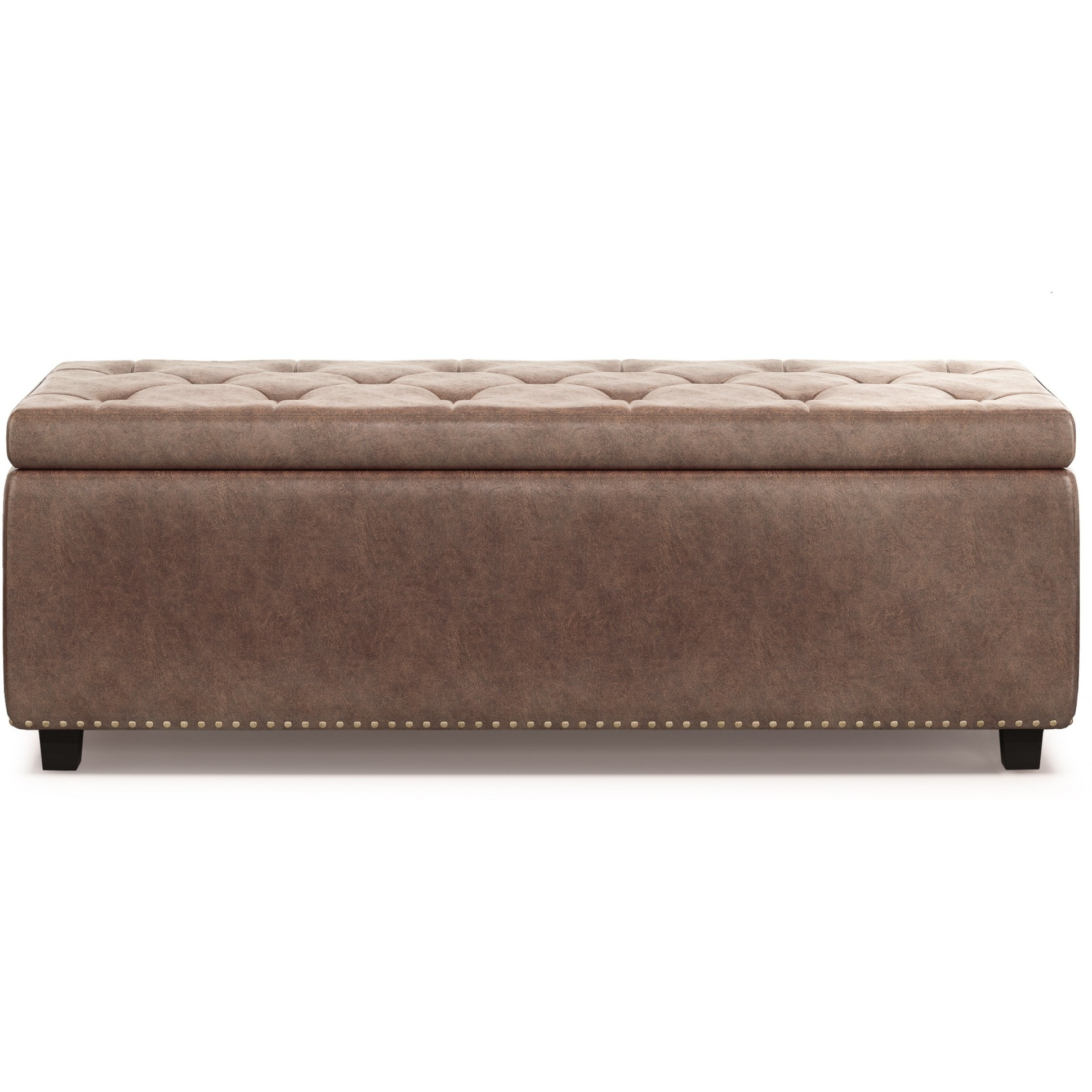 Hamilton 48 inch Wide Transitional Rectangle Storage Ottoman in Distressed Umber Brown Faux Leather