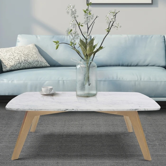 Vezzana 31" Square Italian Carrara White Marble Table with Oak Legs