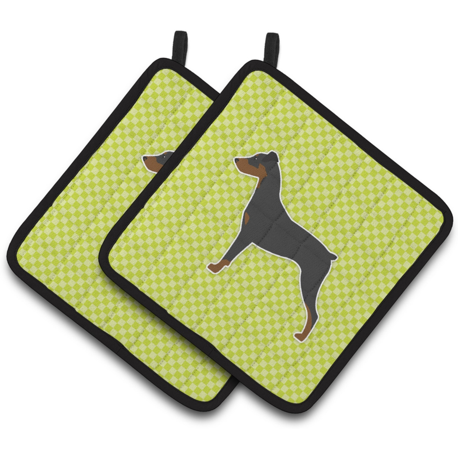 &quotCaroline's Treasures German Pinscher Checkerboard green Pair of Pot Holders BB3813PTHD, 7.5HX7.5W, Multicolor"