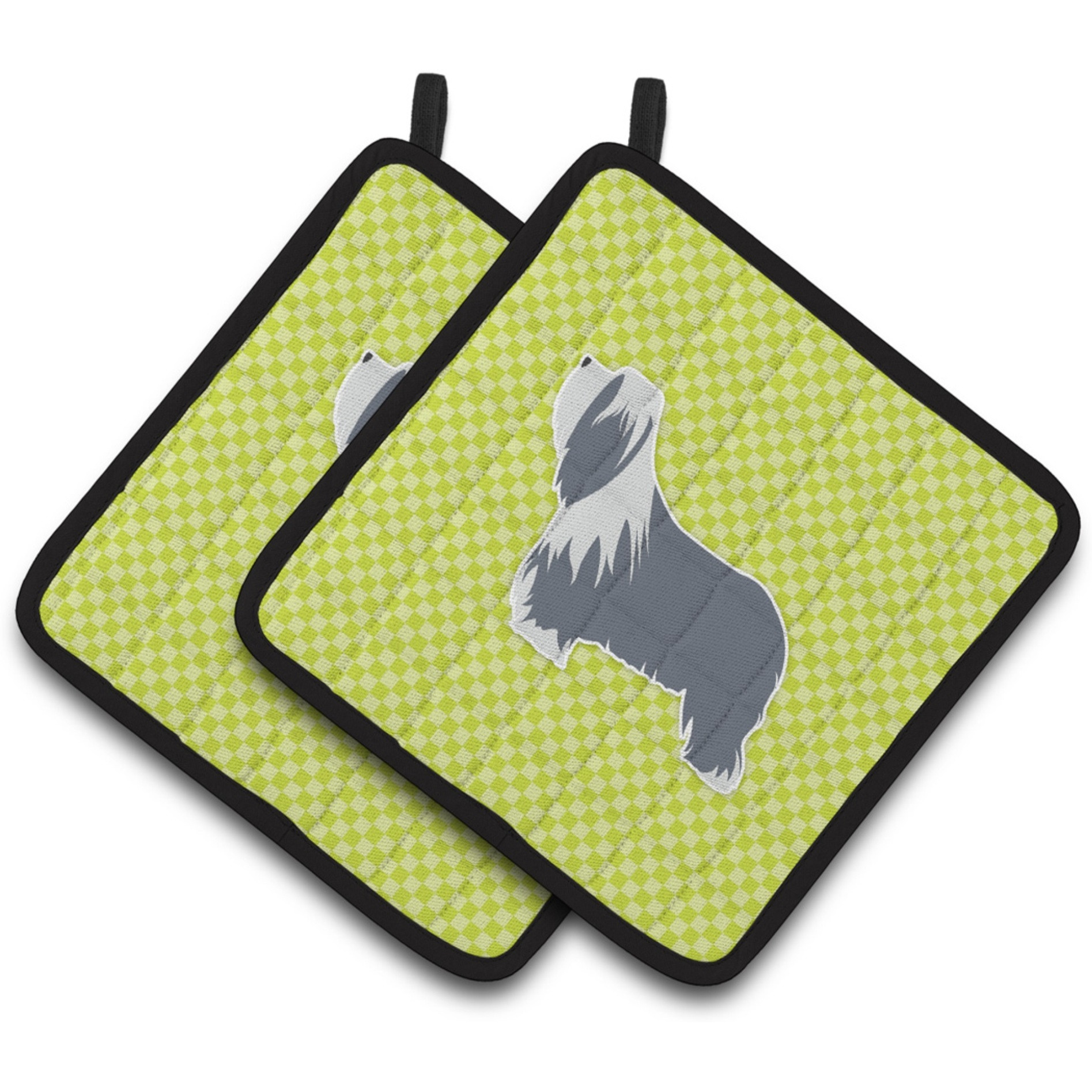 &quotCaroline's Treasures Bearded Collie Checkerboard green Pair of Pot Holders BB3817PTHD, 7.5HX7.5W, Multicolor"