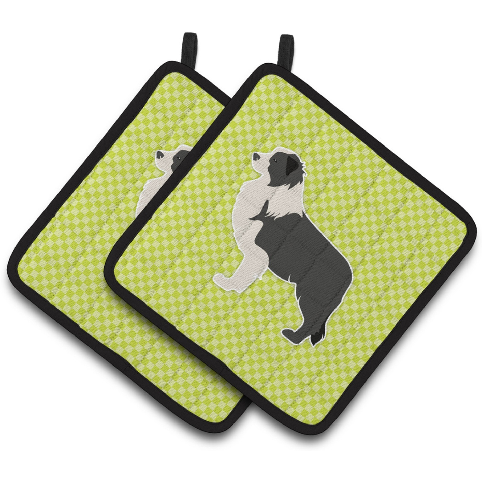 &quotCaroline's Treasures black Border Collie Checkerboard green Pair of Pot Holders BB3823PTHD, 7.5HX7.5W, Multicolor"