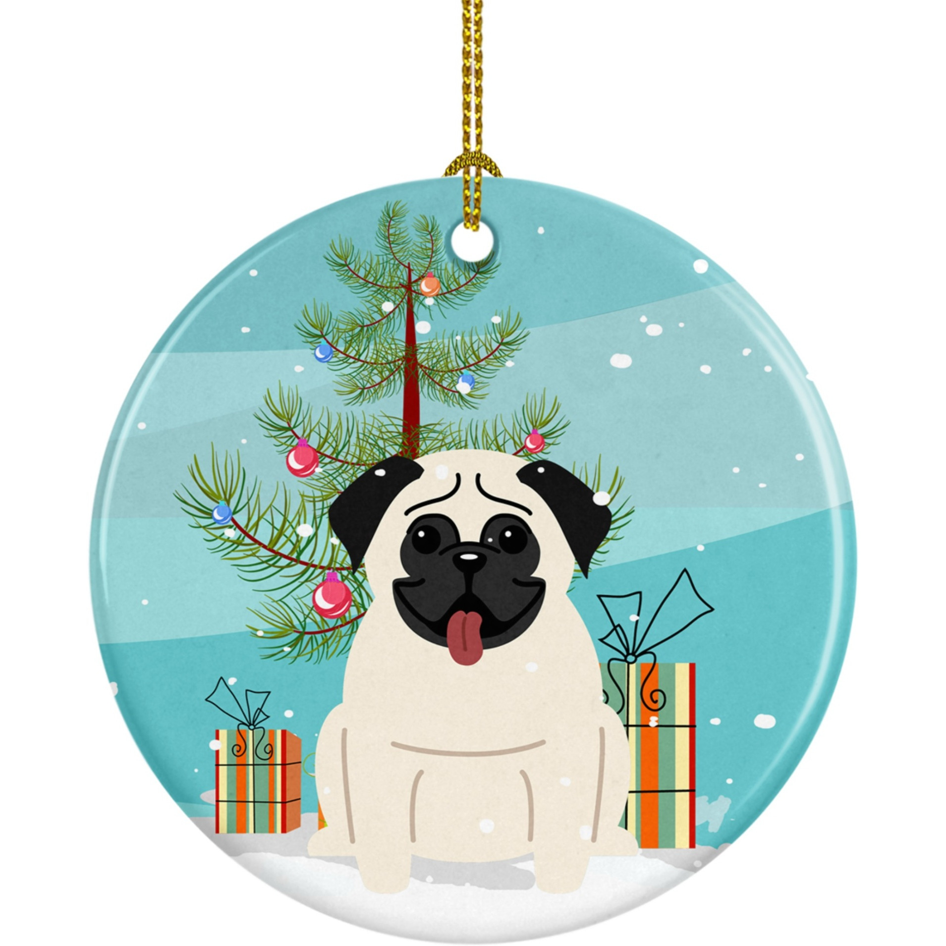 Caroline's Treasures Merry Christmas Tree Pug Cream Ceramic Ornament