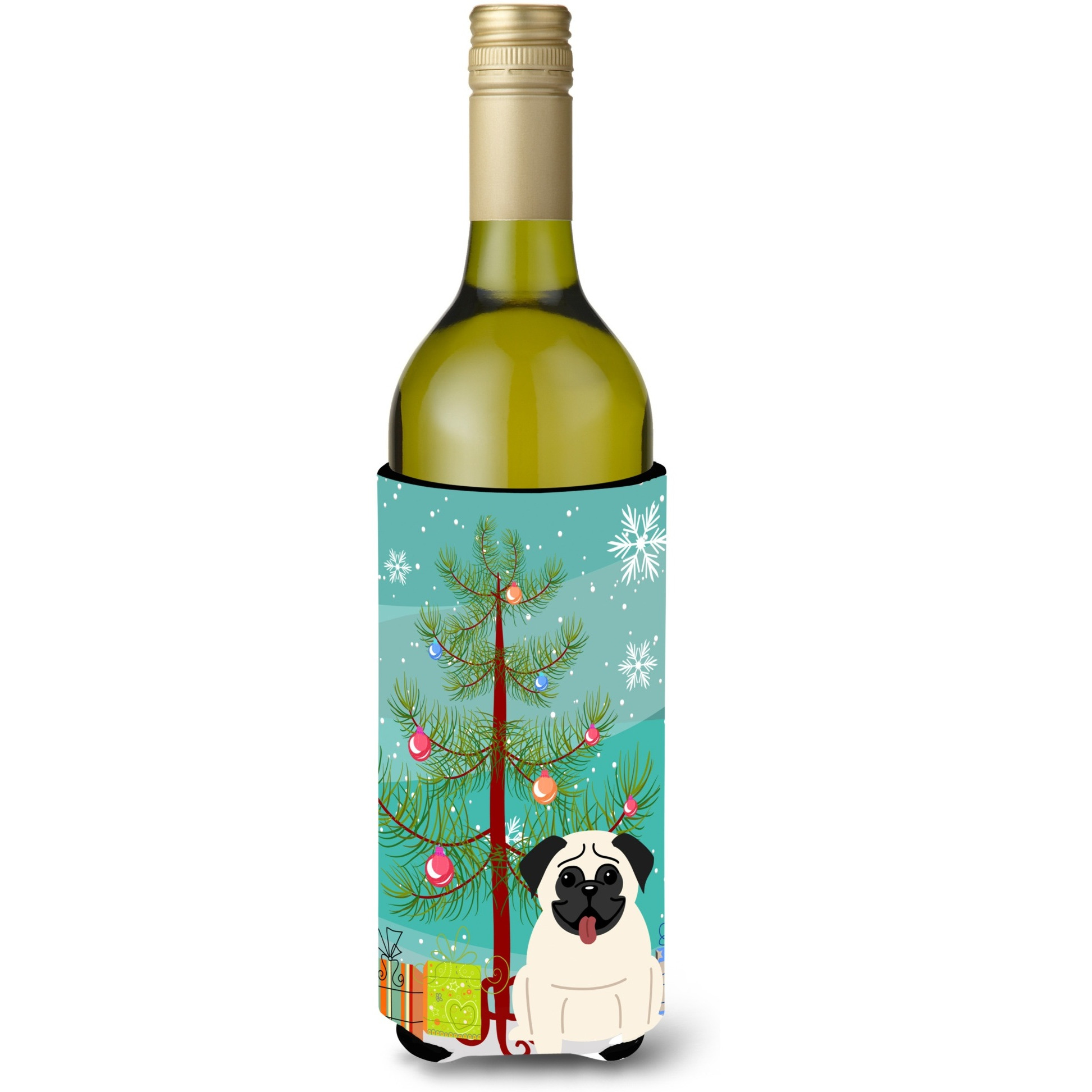 &quotCaroline's Treasures BB4129LITERK Merry Christmas Tree Pug Cream Wine Bottle Beverage Insulator Hugger, 750ml, Multicolor"