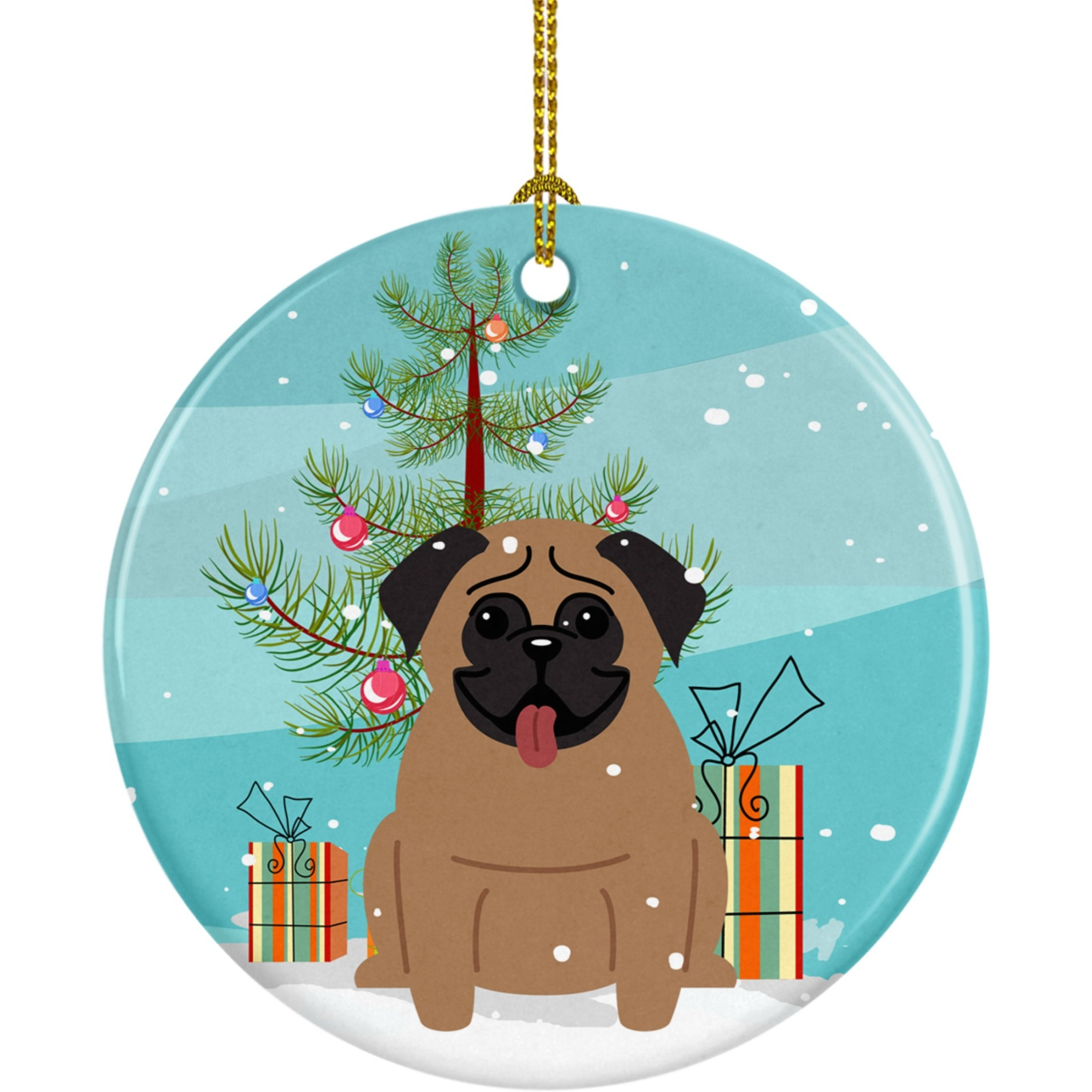 &quotCaroline's Treasures Merry Christmas Tree Pug Brown Ceramic Ornament, Multicolor"