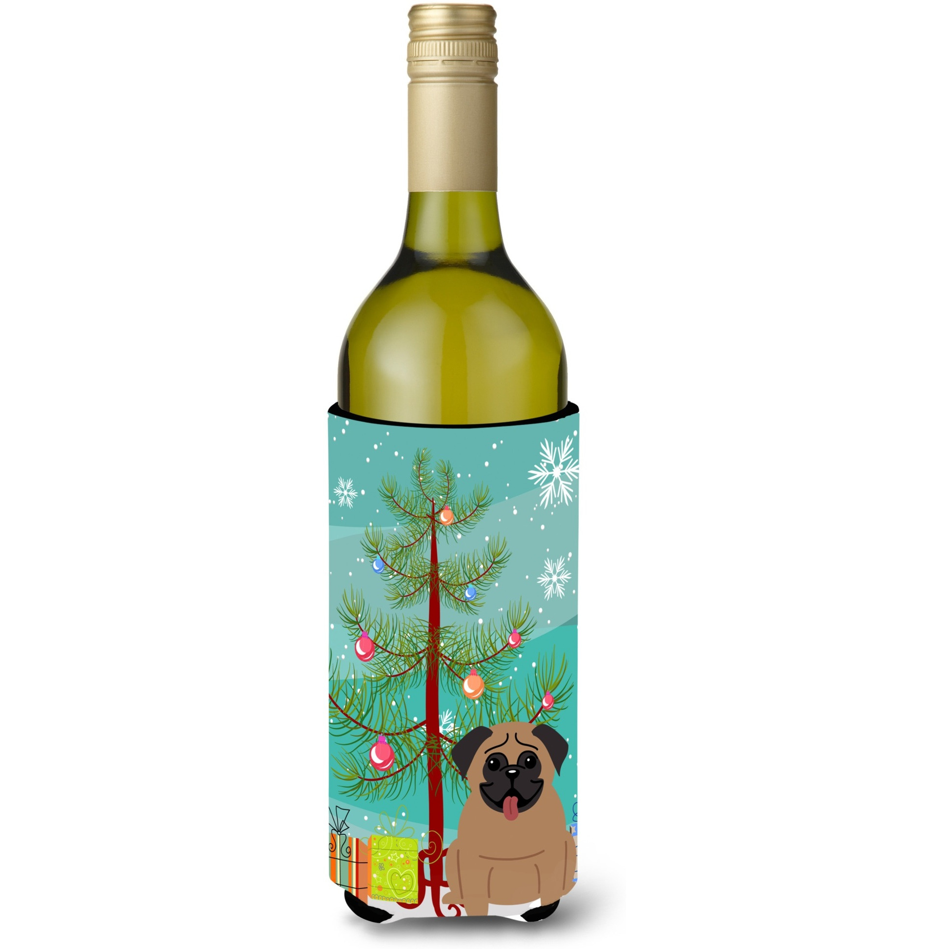 &quotCaroline's Treasures BB4130LITERK Merry Christmas Tree Pug Brown Wine Bottle Beverage Insulator Hugger, 750ml, Multicolor"