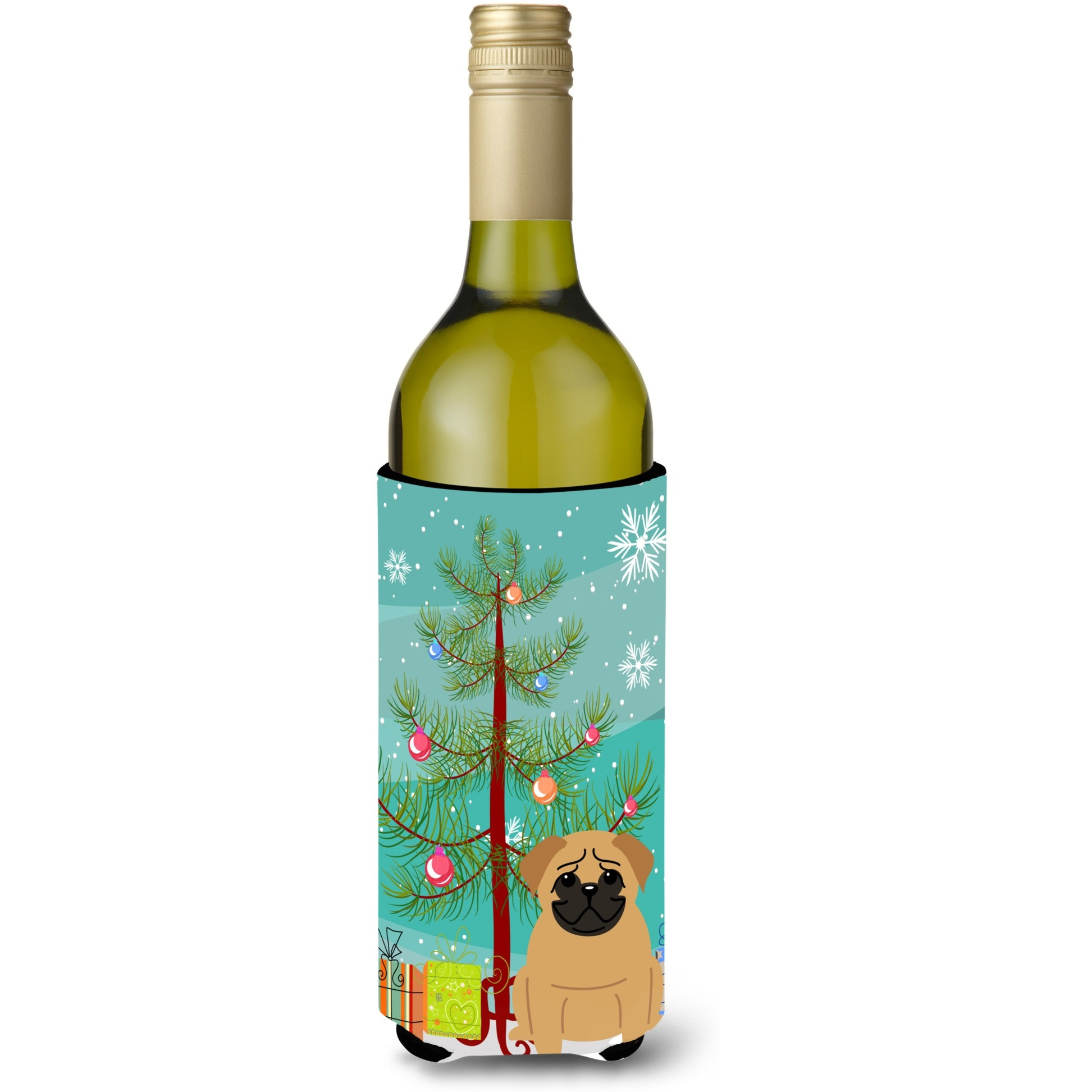 &quotCaroline's Treasures BB4132LITERK Merry Christmas Tree Pug Brown Wine Bottle Beverage Insulator Hugger, 750ml, Multicolor"