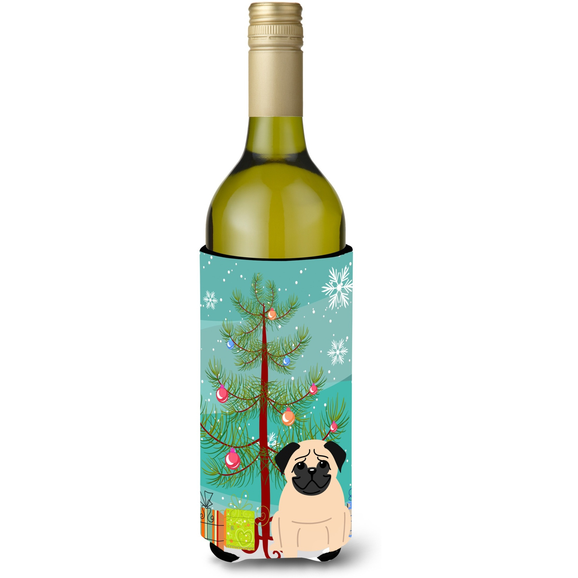 &quotCaroline's Treasures BB4133LITERK Merry Christmas Tree Pug Fawn Wine Bottle Beverage Insulator Hugger, 750ml, Multicolor"