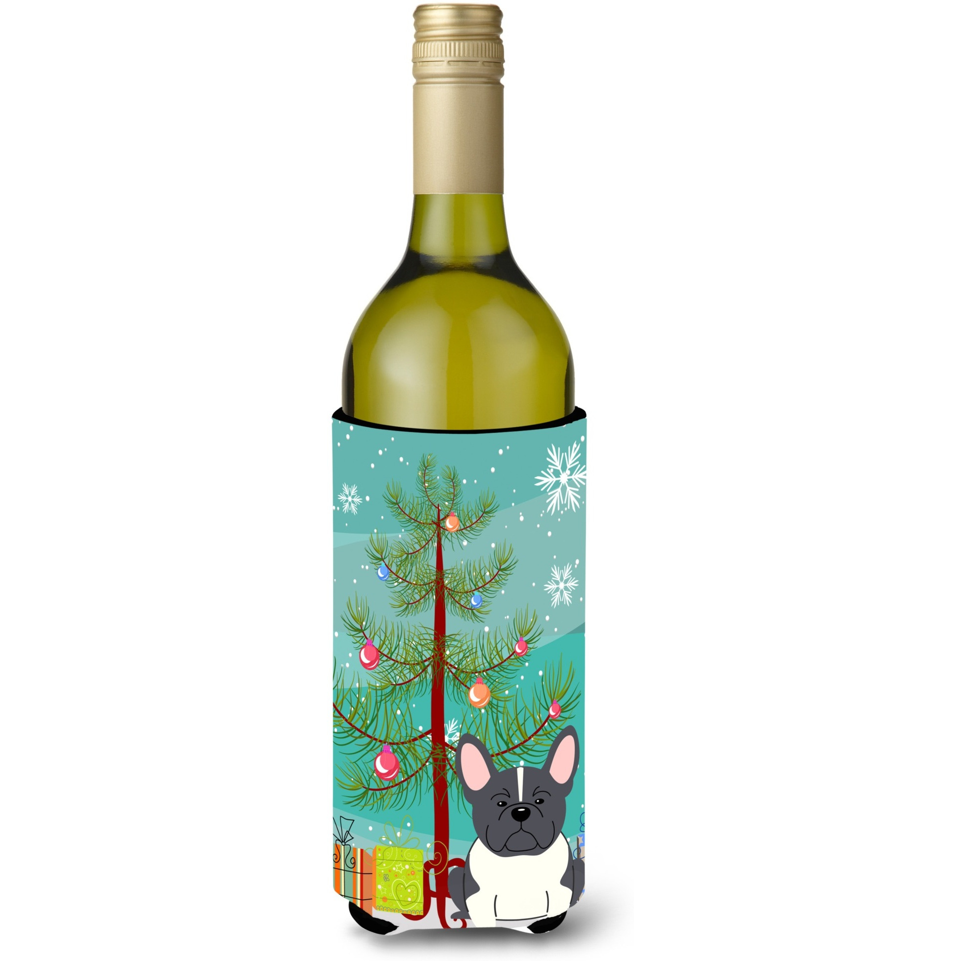 &quotCaroline's Treasures BB4137LITERK Merry Christmas Tree French Bulldog Black White Wine Bottle Beverage Insulator Hugger, 750ml, Multicolor"