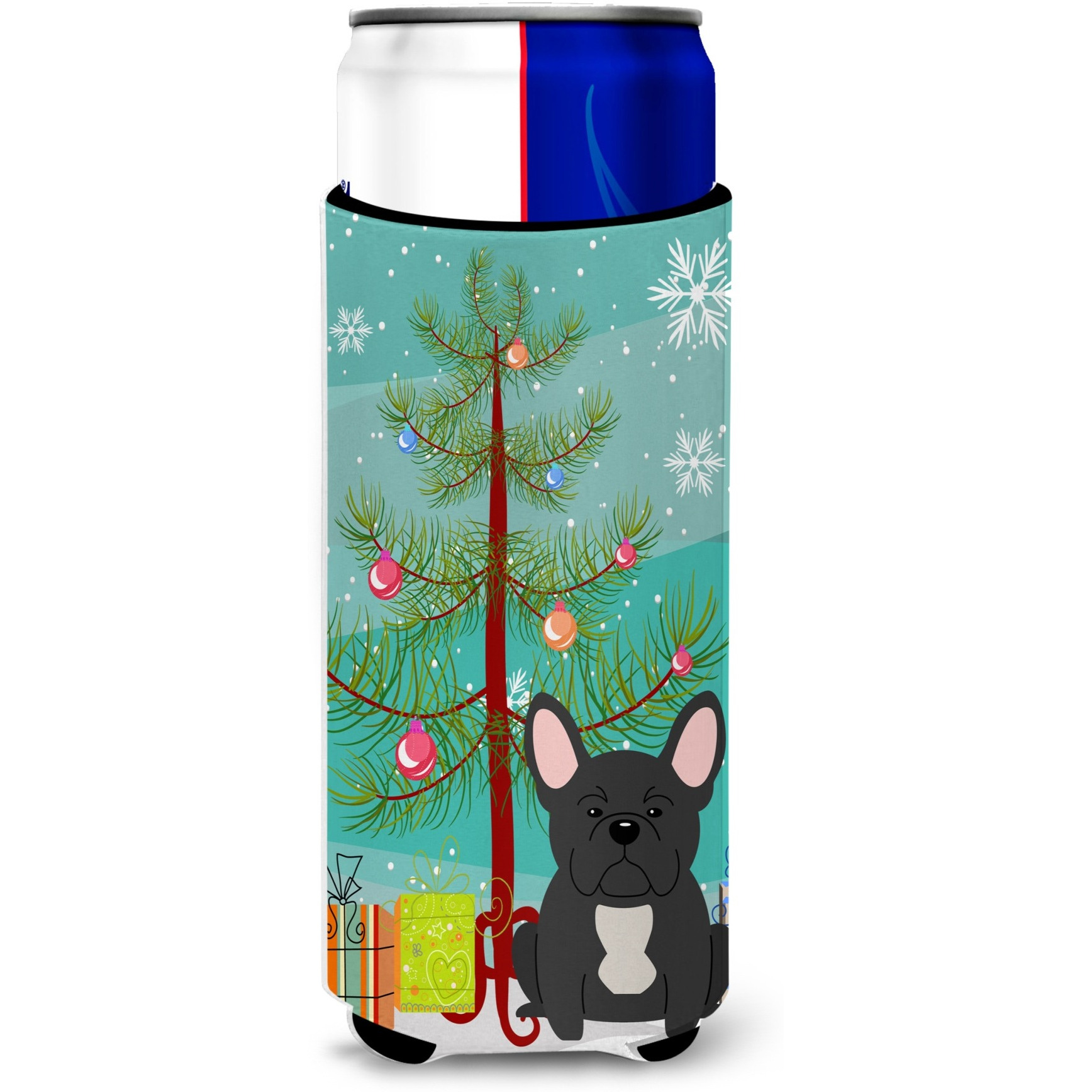 &quotCaroline's Treasures BB4139MUK Merry Christmas Tree French Bulldog Black Michelob Ultra Hugger for Slim Cans, Multicolor"