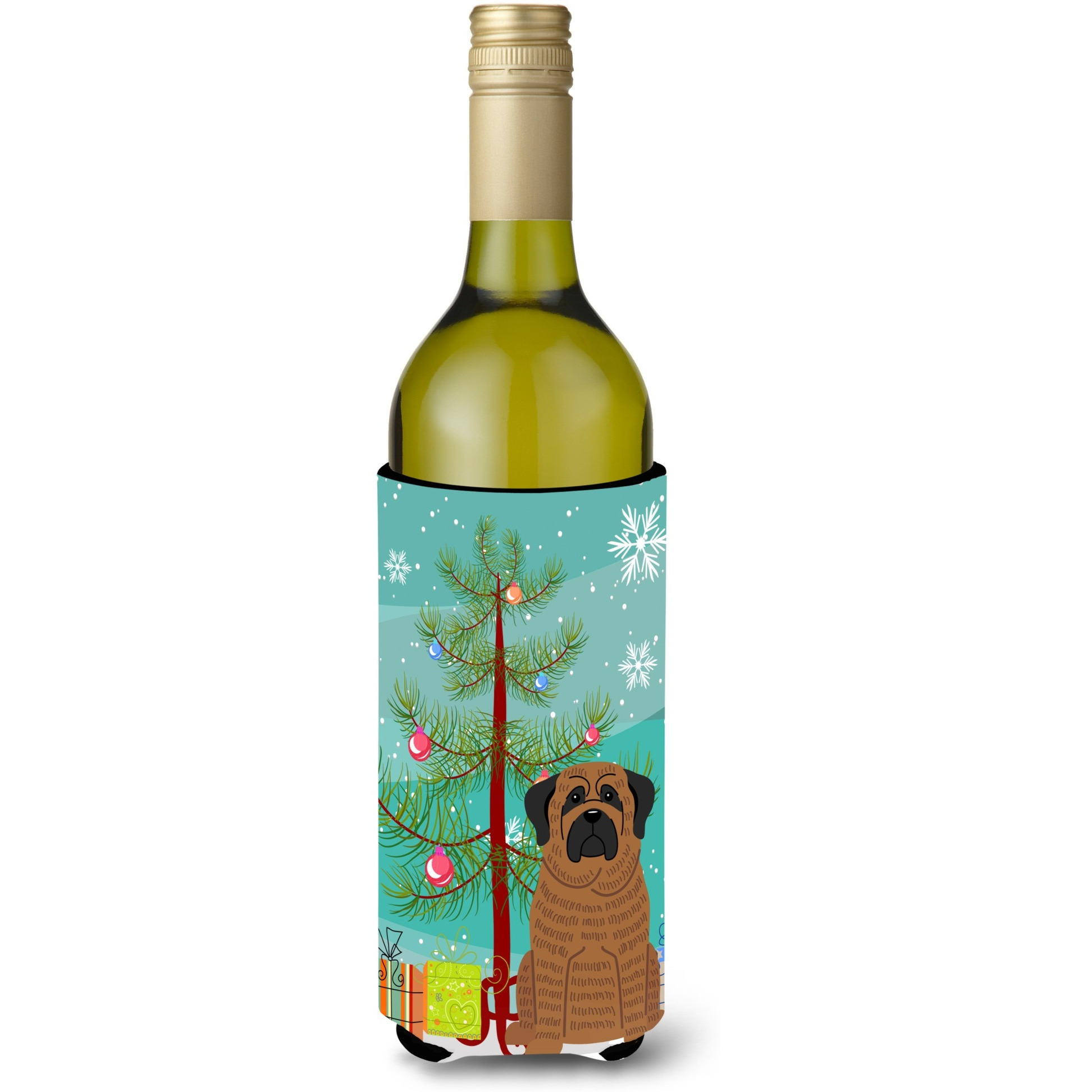 &quotCaroline's Treasures BB4140LITERK Merry Christmas Tree Mastiff Brindle Wine Bottle Beverage Insulator Hugger, 750ml, Multicolor"