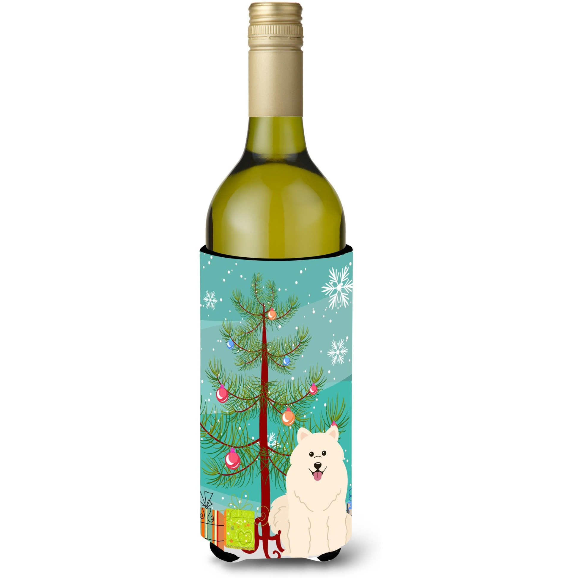 &quotCaroline's Treasures BB4155LITERK Merry Christmas Tree Samoyed Wine Bottle Beverage Insulator Hugger, 750ml, Multicolor"