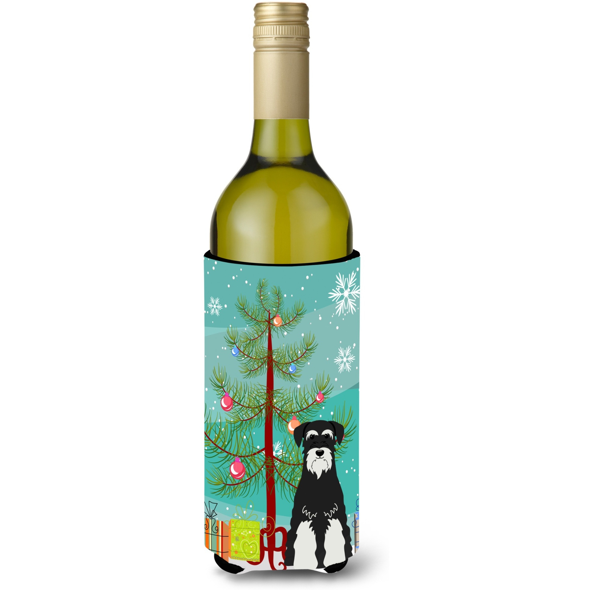 &quotCaroline's Treasures BB4158LITERK Merry Christmas Tree Standard Schnauzer Salt and Pepper Wine Bottle Beverage Insulator Hugger, 750ml, Multicolor"
