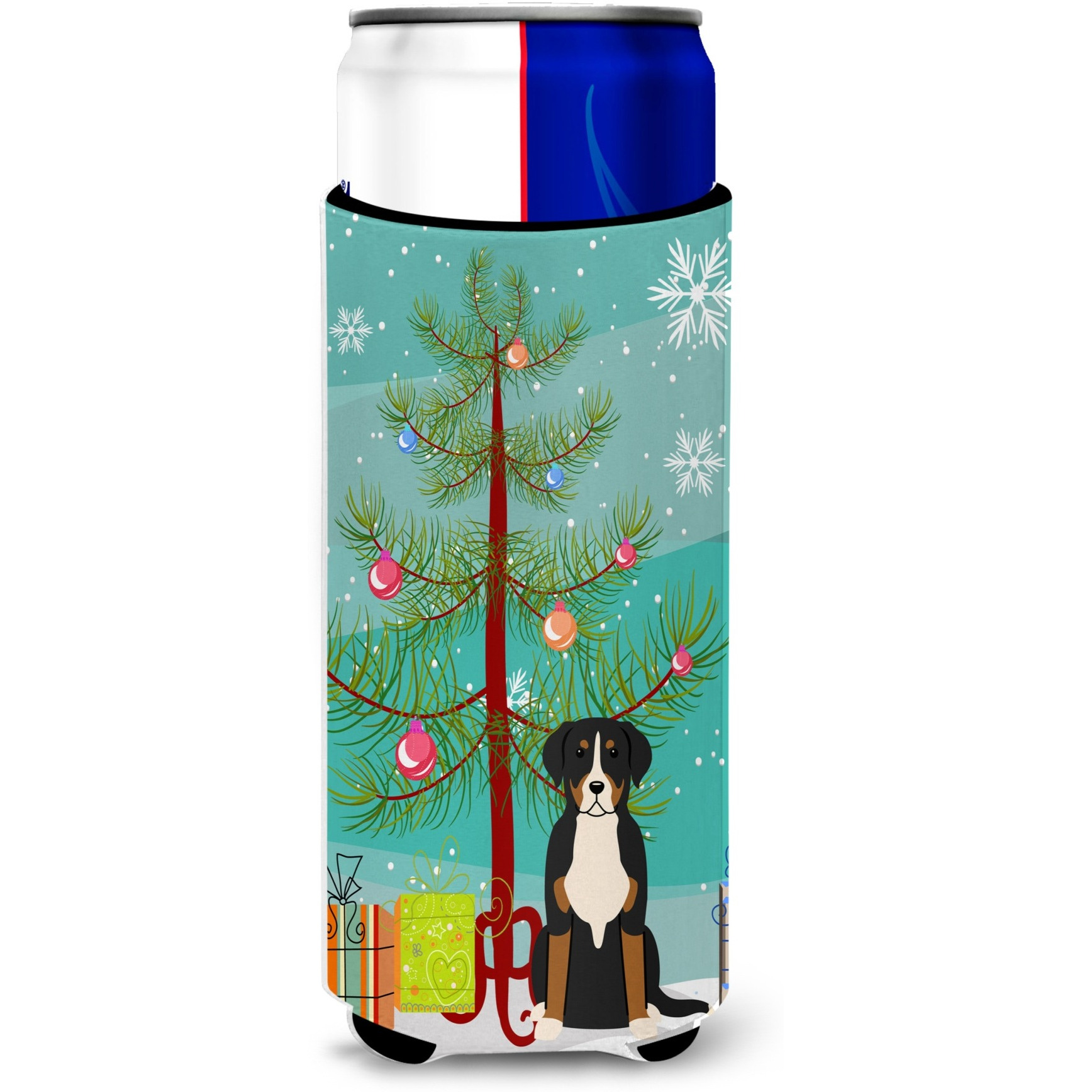 &quotCaroline's Treasures BB4162MUK Merry Christmas Tree Greater Swiss Mountain Dog Michelob Ultra Hugger for Slim Cans, Multicolor"