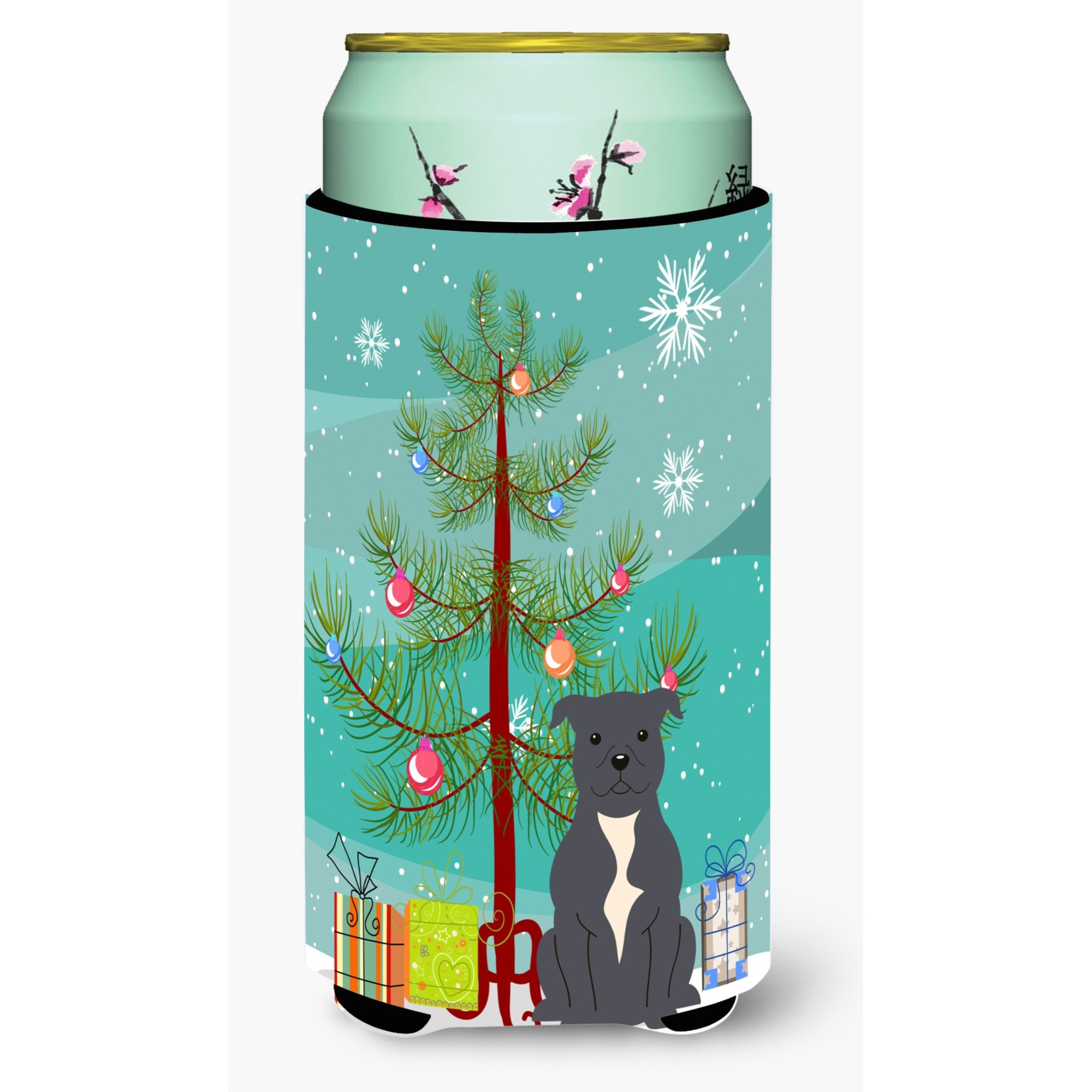&quotCaroline's Treasures Merry Christmas Tree Staffordshire Bull Terrier Blue Tall Boy Beverage Insulator Hugger BB4171TBC, Multicolor"