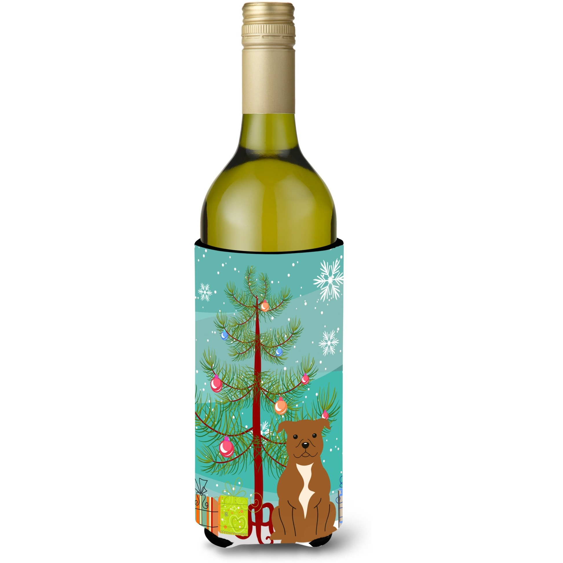 &quotCaroline's Treasures BB4172LITERK Merry Christmas Tree Staffordshire Bull Terrier Brown Wine Bottle Beverage Insulator Hugger, 750ml, Multicolor"