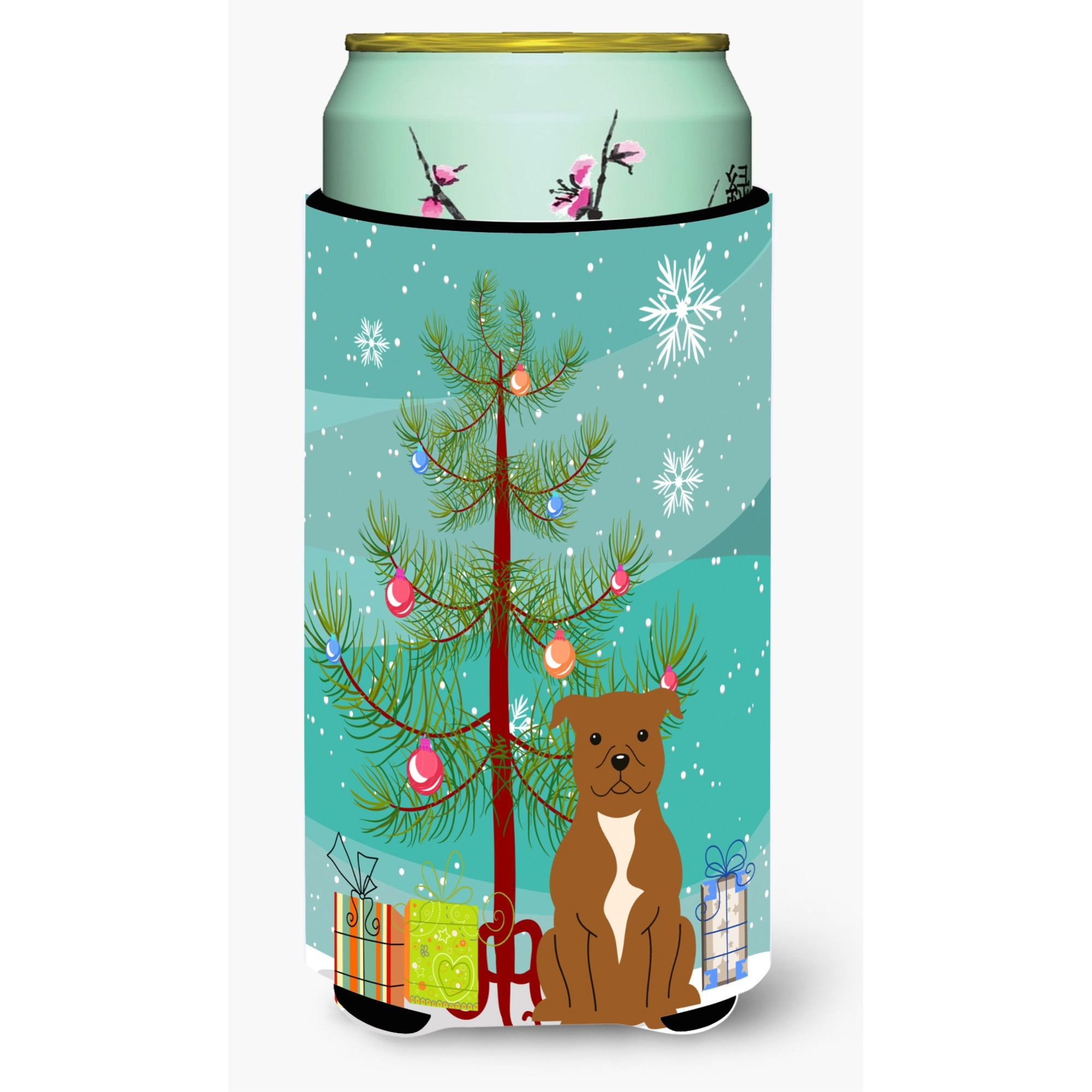 &quotCaroline's Treasures Merry Christmas Tree Staffordshire Bull Terrier Brown Tall Boy Beverage Insulator Hugger BB4172TBC, Multicolor"
