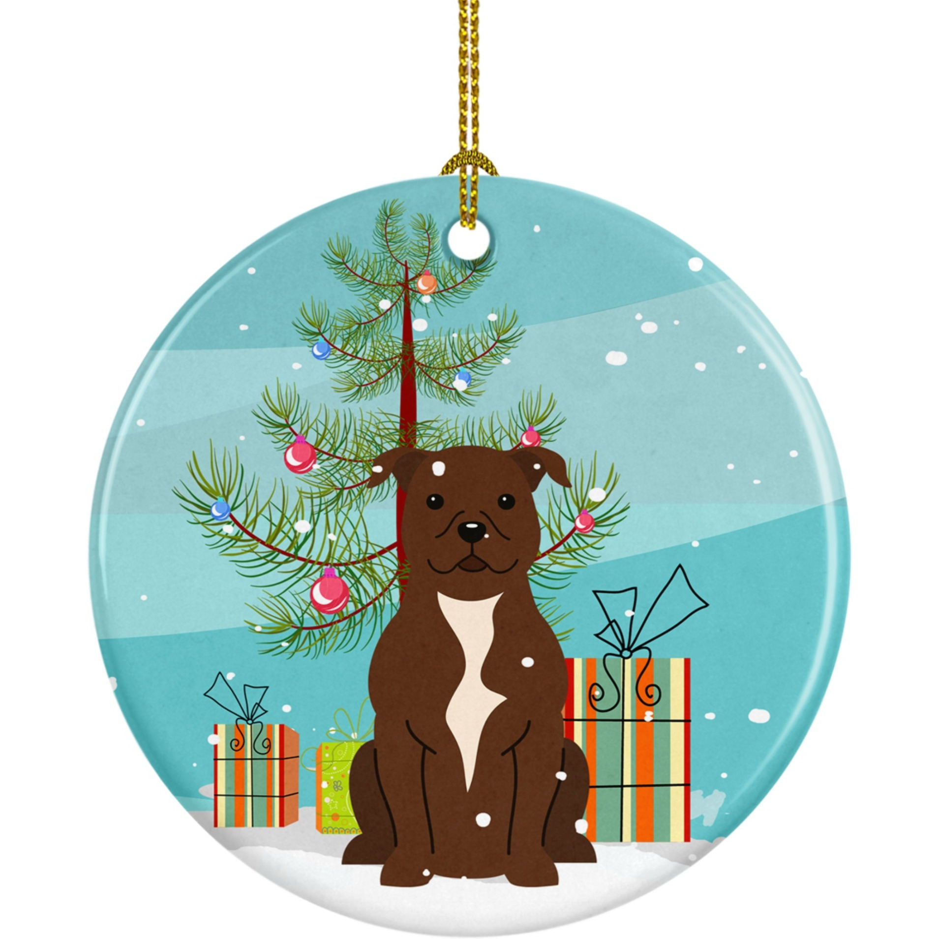 &quotCaroline's Treasures Merry Christmas Tree Staffordshire Bull Terrier Chocolate Ceramic Ornament, Multicolor"