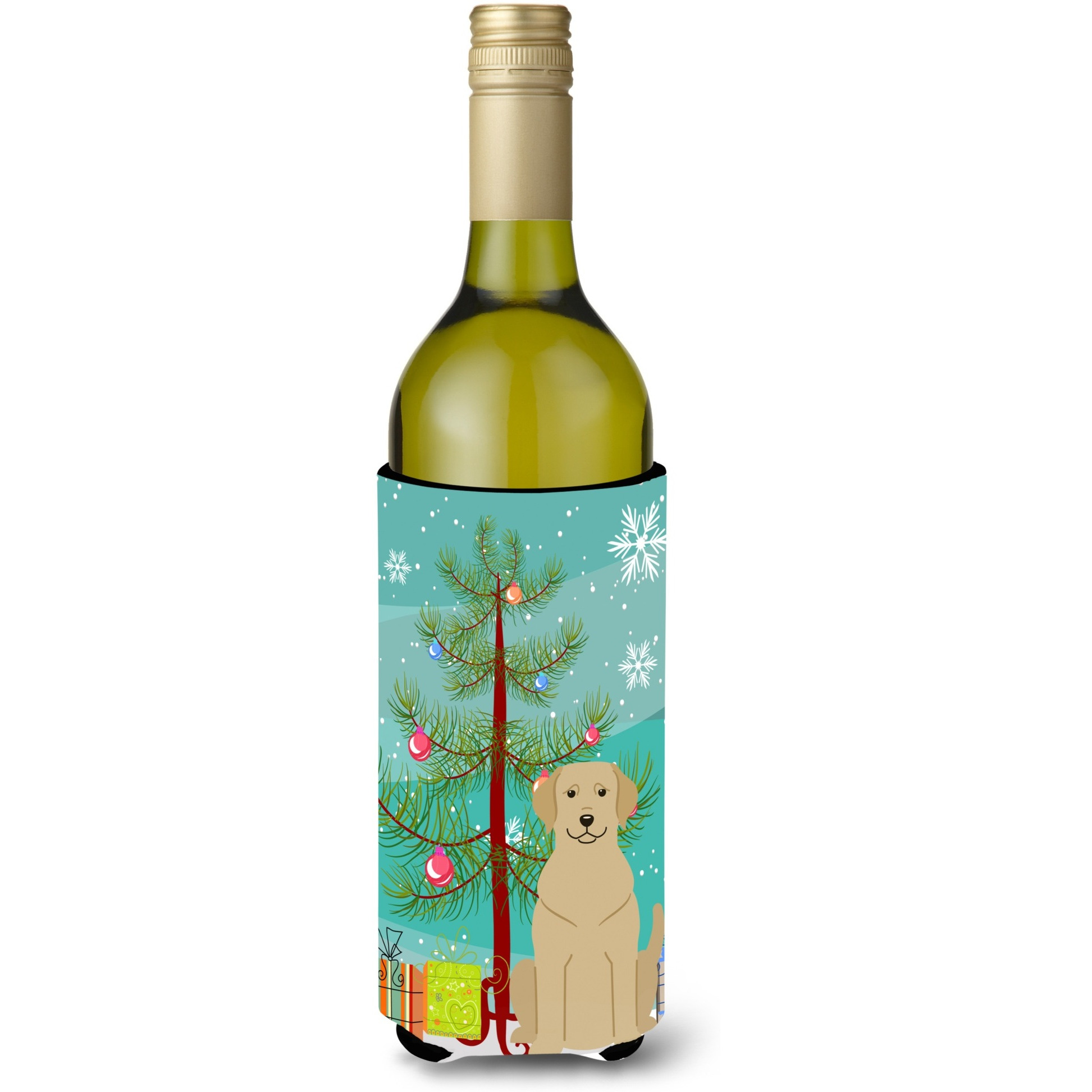 &quotCaroline's Treasures BB4180LITERK Merry Christmas Tree Yellow Labrador Wine Bottle Beverage Insulator Hugger, 750ml, Multicolor"