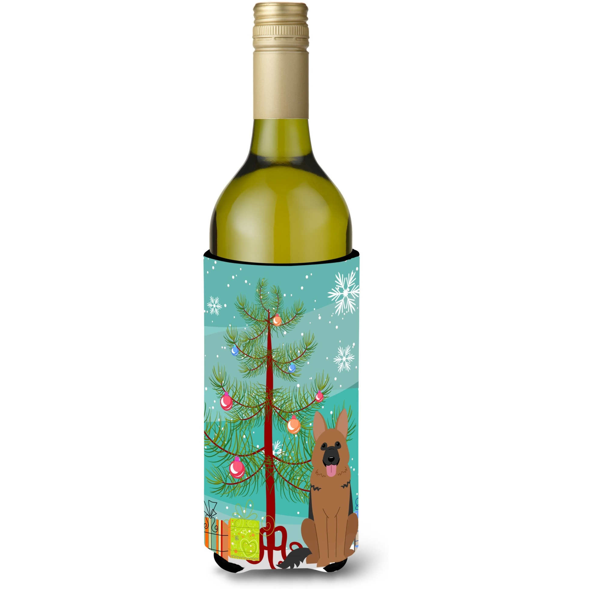 &quotCaroline's Treasures BB4192LITERK Merry Christmas Tree German Shepherd Wine Bottle Beverage Insulator Hugger, 750ml, Multicolor"