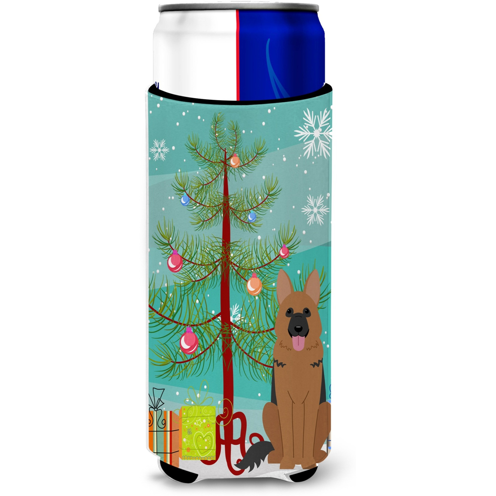 &quotCaroline's Treasures BB4192MUK Merry Christmas Tree German Shepherd Michelob Ultra Hugger for Slim Cans, Multicolor"