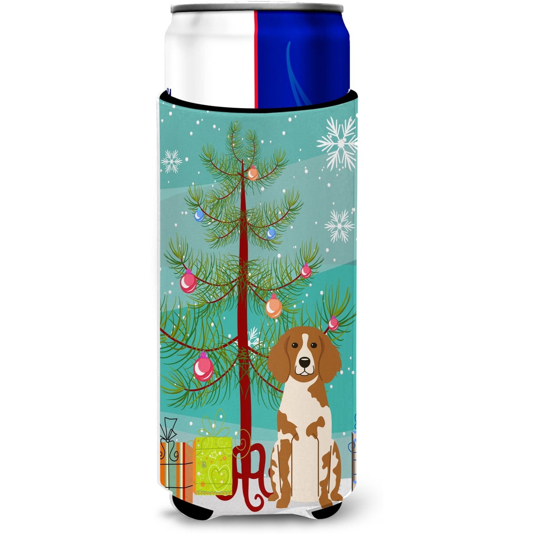 &quotCaroline's Treasures BB4197MUK Merry Christmas Tree Brittany Spaniel Michelob Ultra Hugger for Slim Cans, Multicolor"