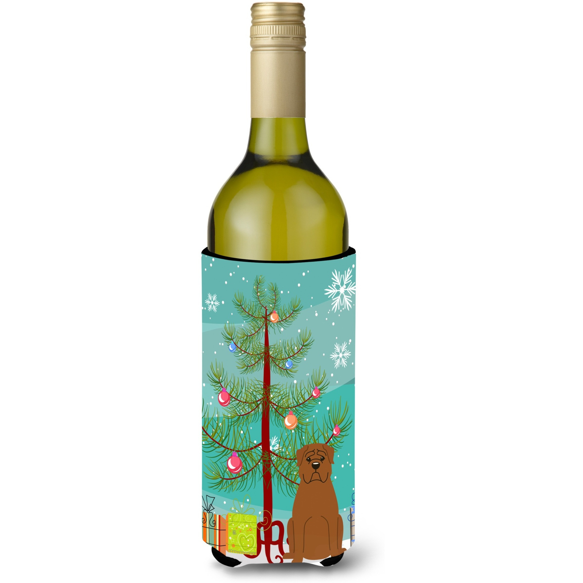 &quotCaroline's Treasures BB4198LITERK Merry Christmas Tree Dogue De Bordeaux Wine Bottle Beverage Insulator Hugger, 750ml, Multicolor"