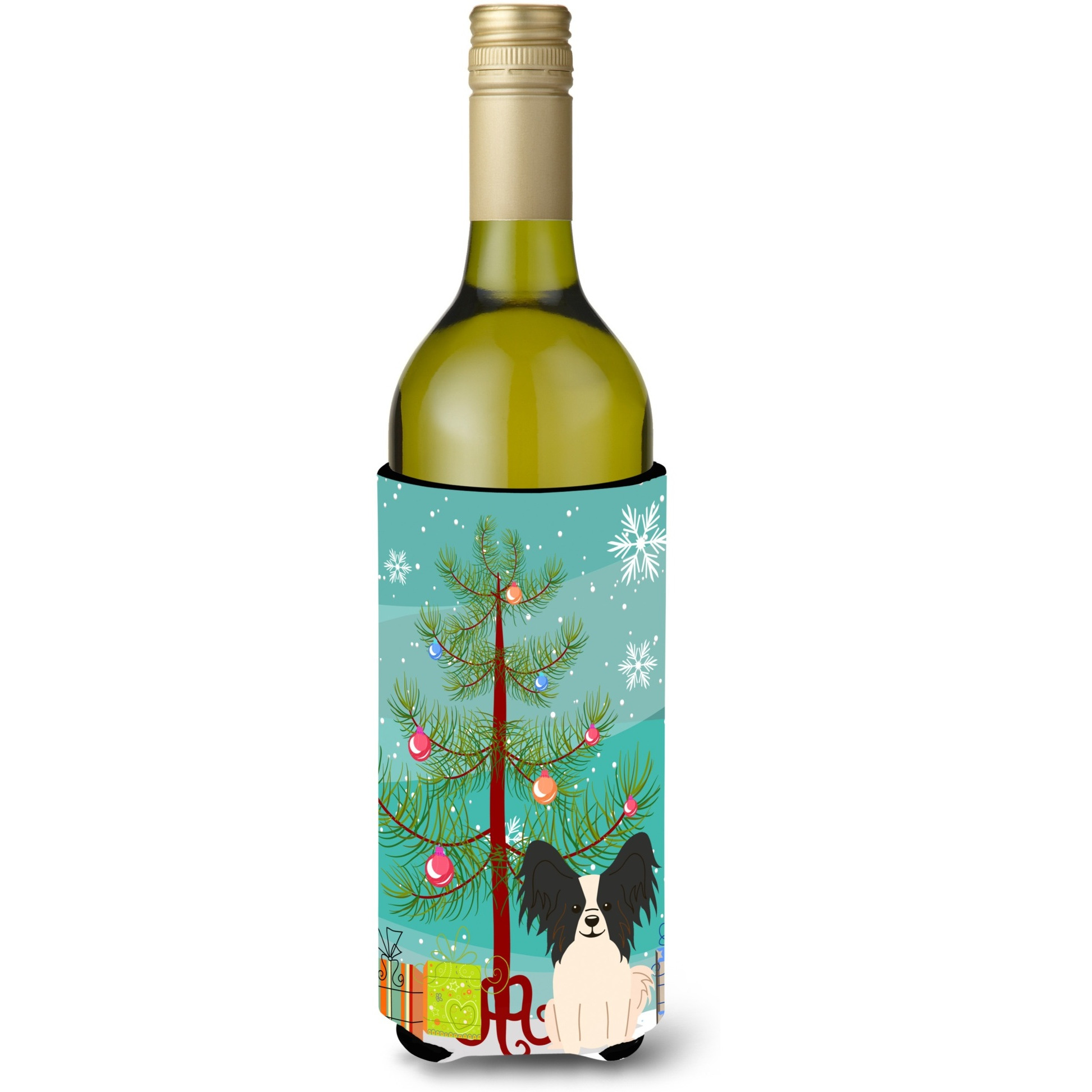 &quotCaroline's Treasures BB4201LITERK Merry Christmas Tree Papillon Black White Wine Bottle Beverage Insulator Hugger, 750ml, Multicolor"