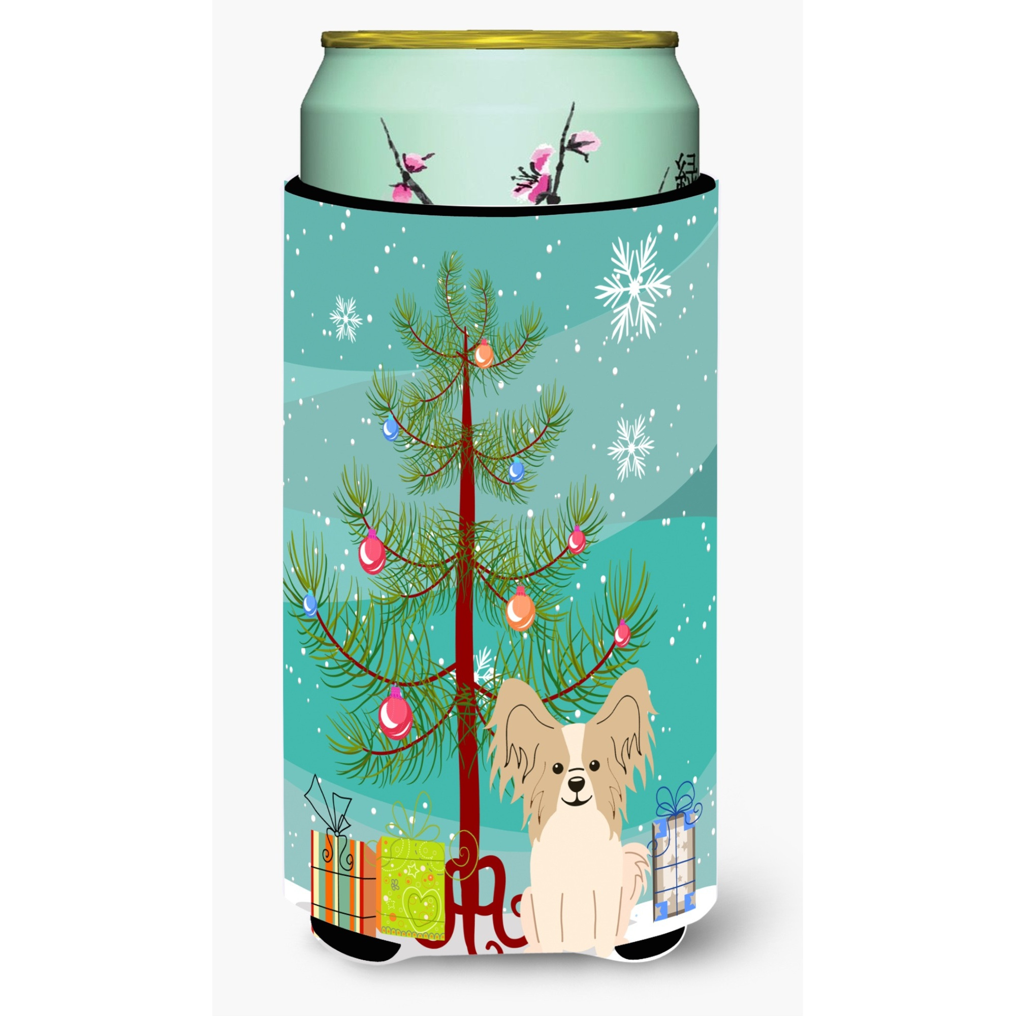 &quotCaroline's Treasures Merry Christmas Tree Papillon Sable White Tall Boy Beverage Insulator Hugger BB4202TBC, Multicolor"