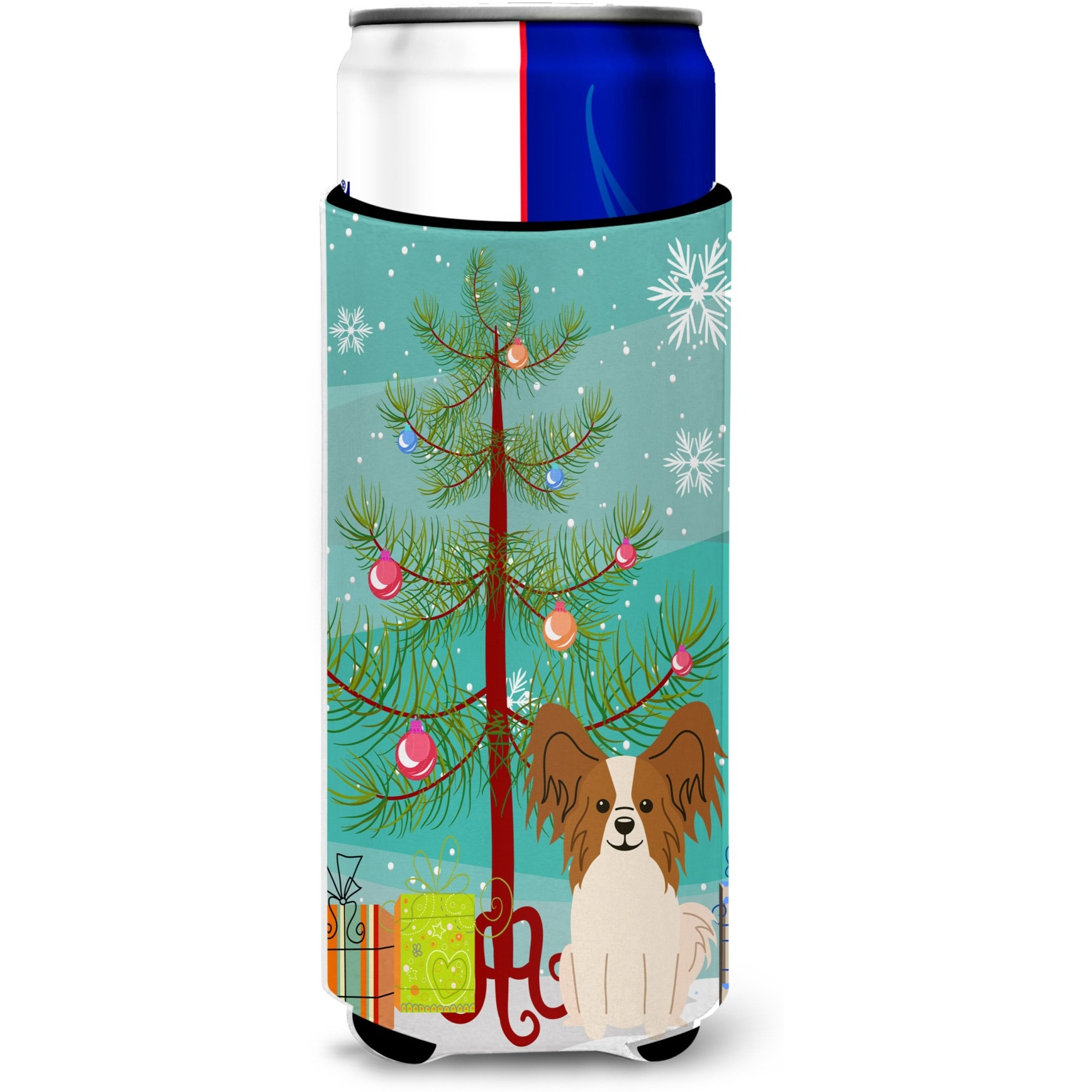 &quotCaroline's Treasures BB4203MUK Merry Christmas Tree Papillon Red White Michelob Ultra Hugger for Slim Cans, Multicolor"
