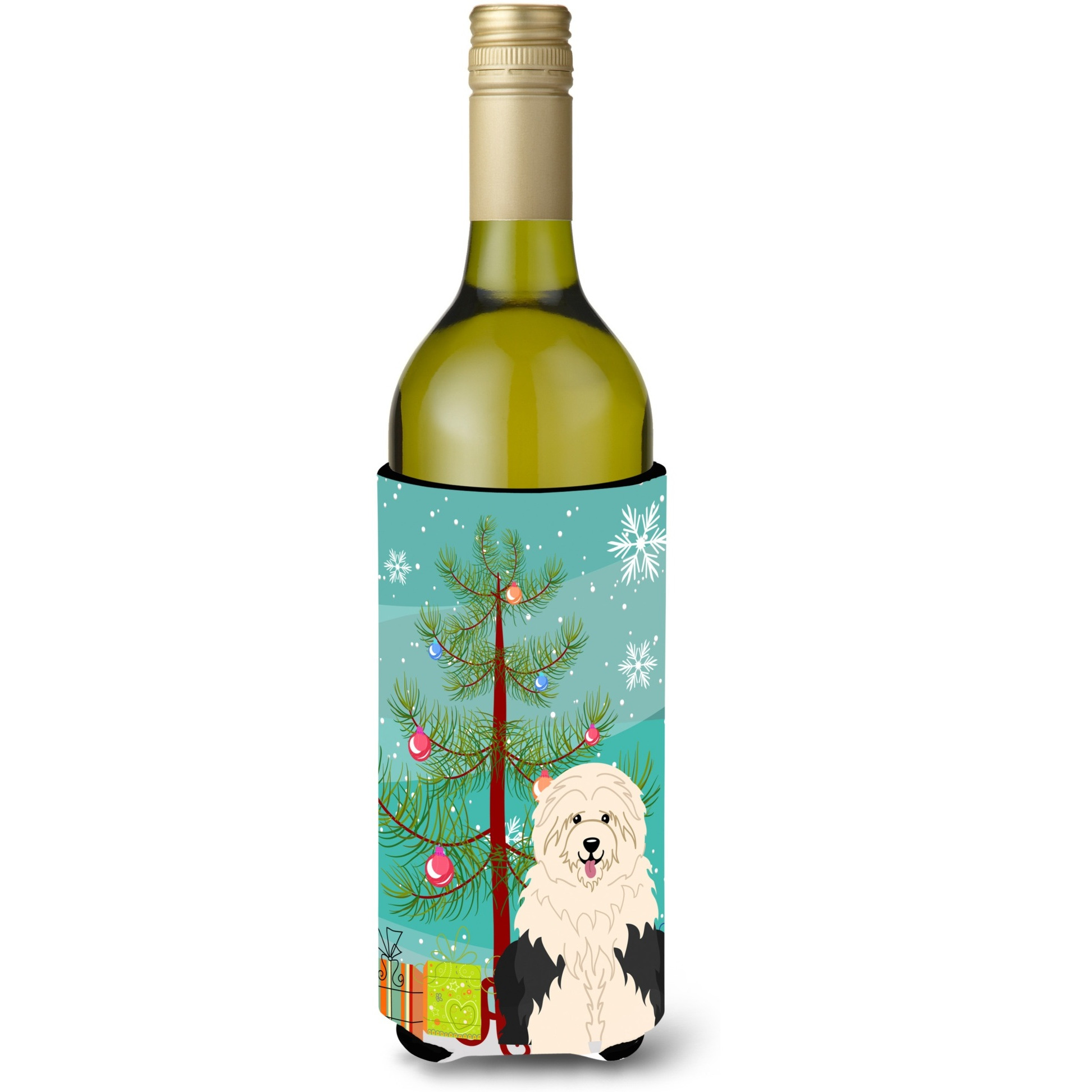 &quotCaroline's Treasures BB4221LITERK Merry Christmas Tree Old English Sheepdog Wine Bottle Beverage Insulator Hugger, 750ml, Multicolor"