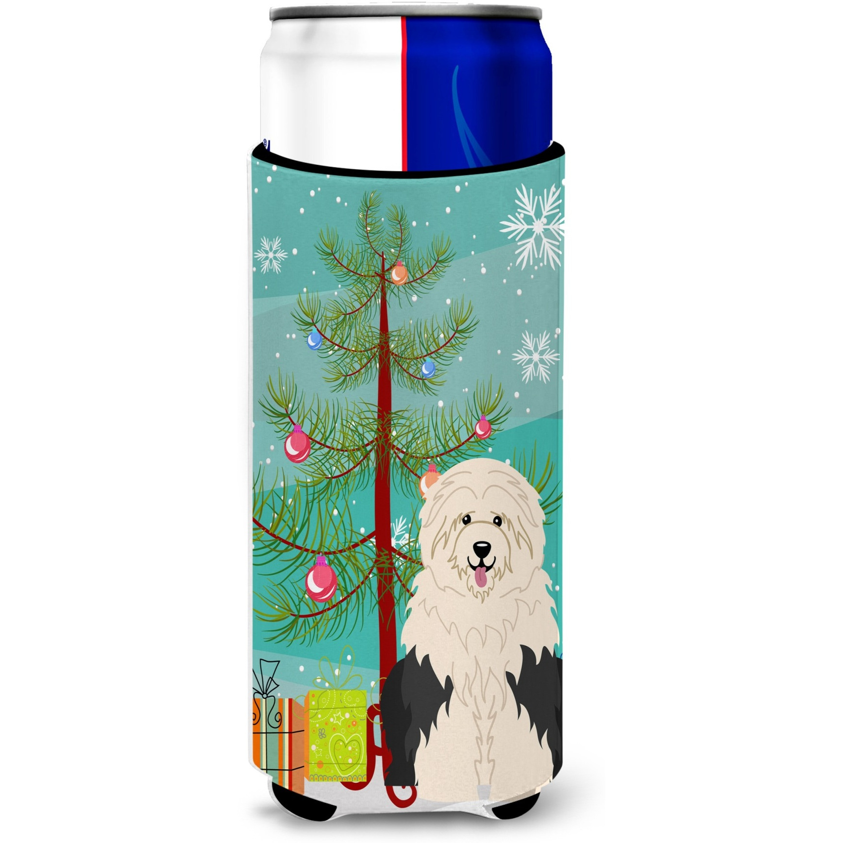 &quotCaroline's Treasures BB4221MUK Merry Christmas Tree Old English Sheepdog Michelob Ultra Hugger for Slim Cans, Multicolor"