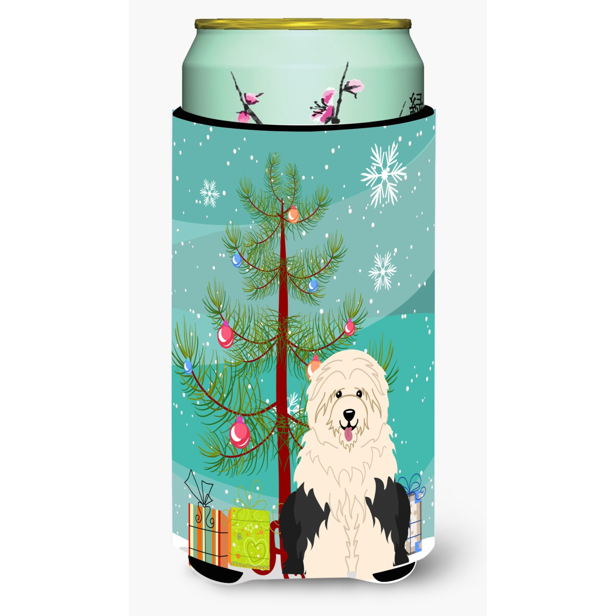 &quotCaroline's Treasures Merry Christmas Tree Old English Sheepdog Tall Boy Beverage Insulator Hugger BB4221TBC, Multicolor"