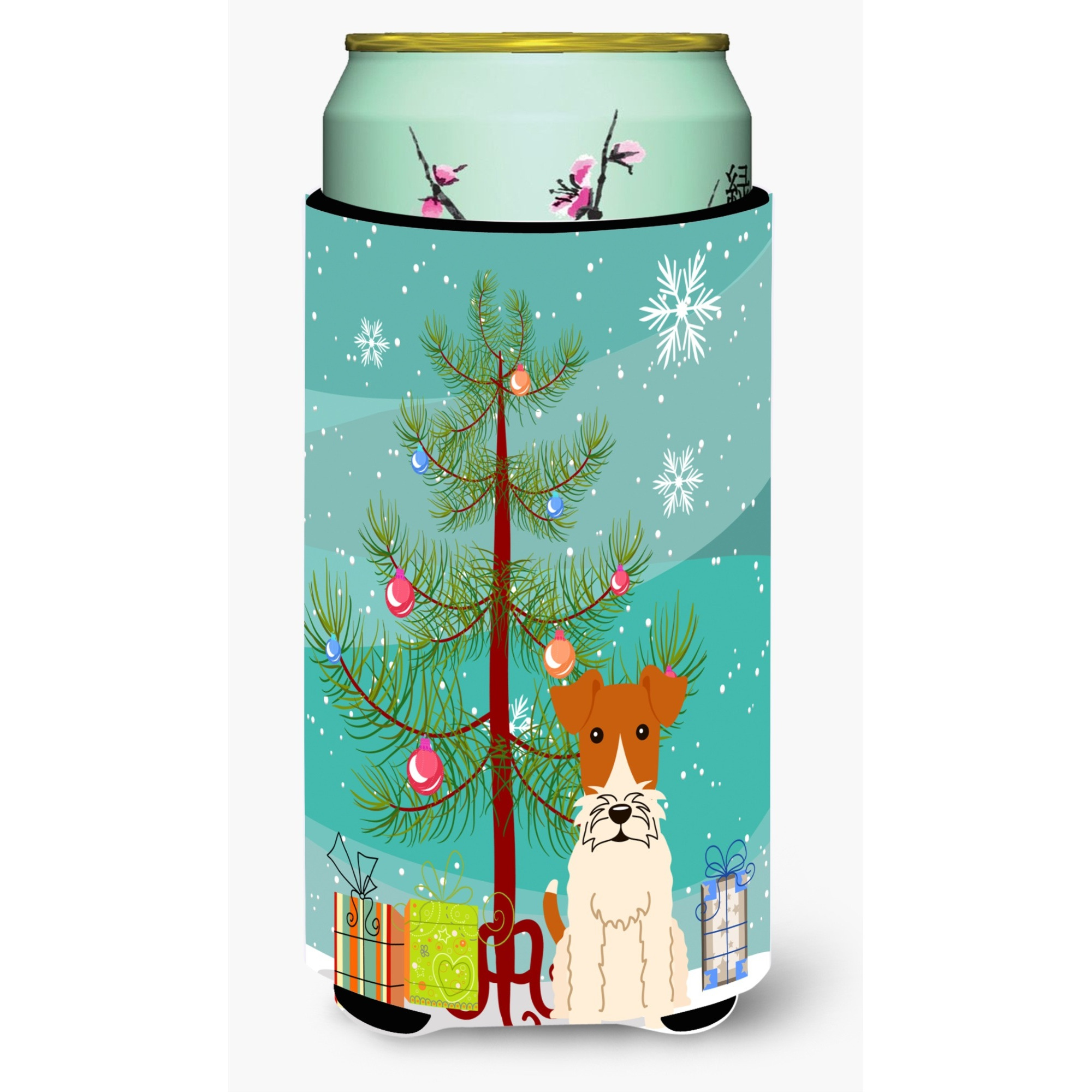 &quotCaroline's Treasures Merry Christmas Tree Wire Fox Terrier Tall Boy Beverage Insulator Hugger BB4226TBC, Multicolor"